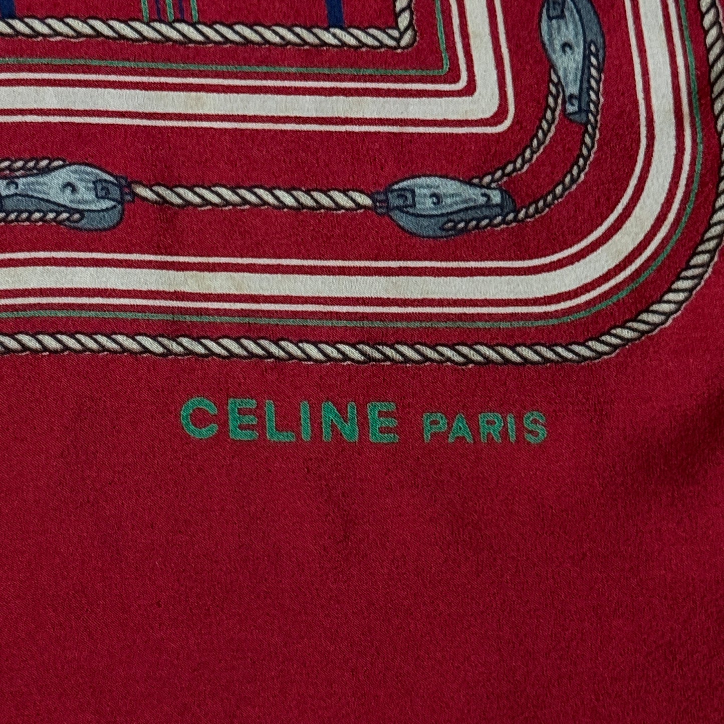 CELINE Vintage Burgundy Equestrian Long Crepe Silk Scarf (29.5 cm by 119 cm)