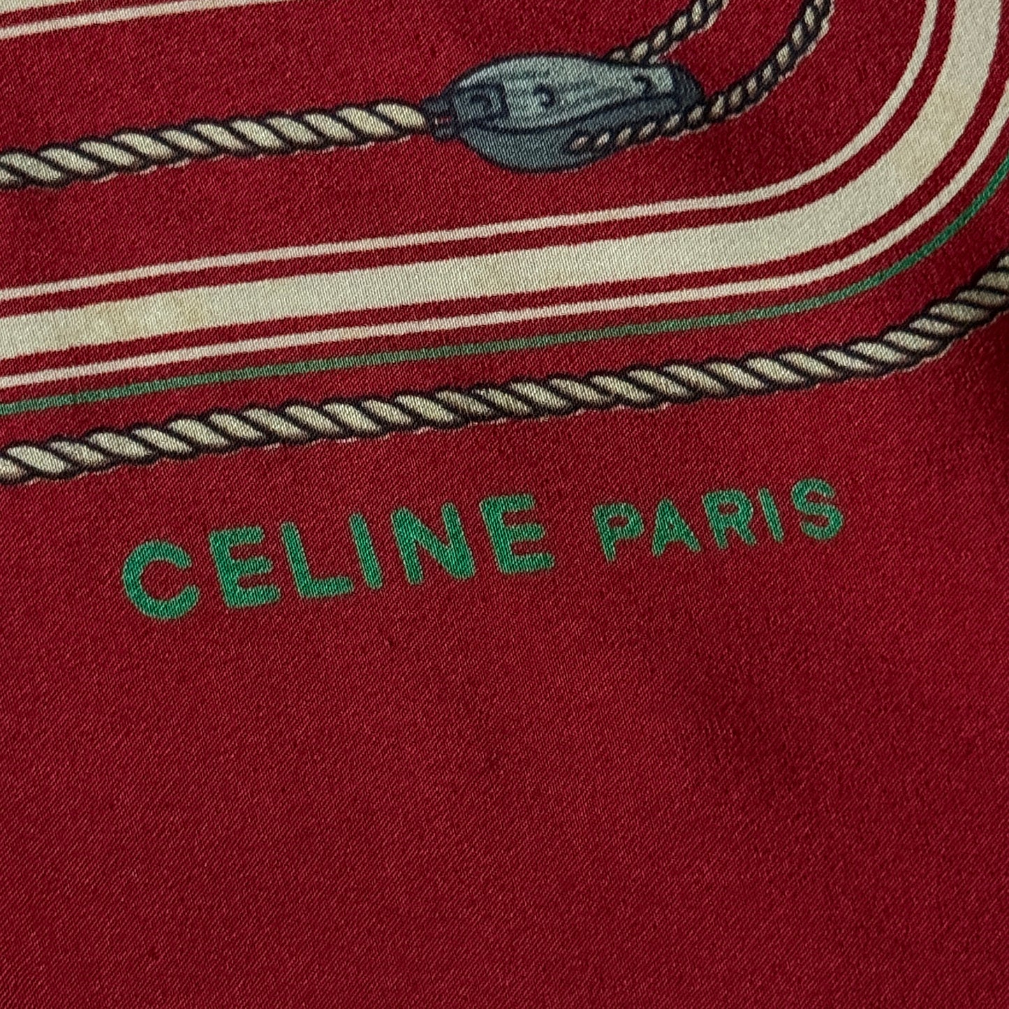 CELINE Vintage Burgundy Equestrian Long Crepe Silk Scarf (29.5 cm by 119 cm)