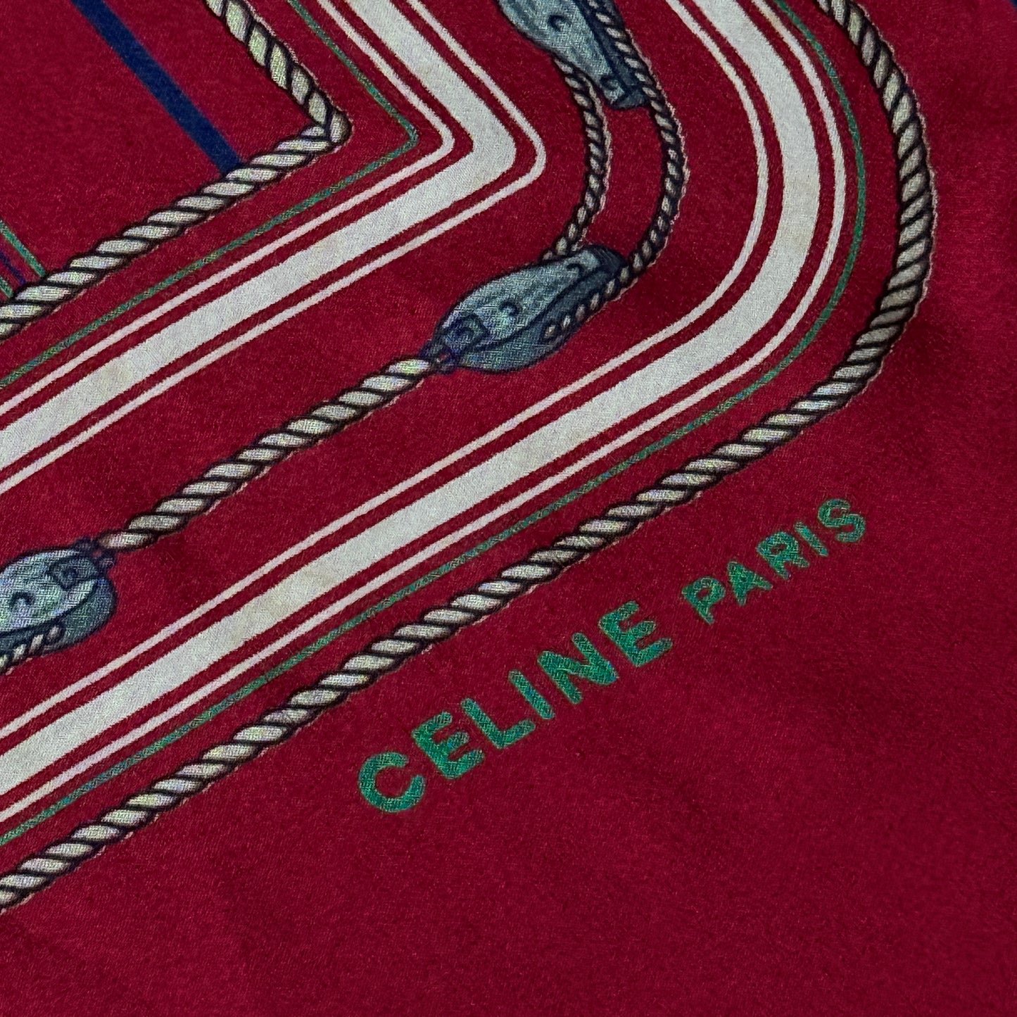 CELINE Vintage Burgundy Equestrian Long Crepe Silk Scarf (29.5 cm by 119 cm)