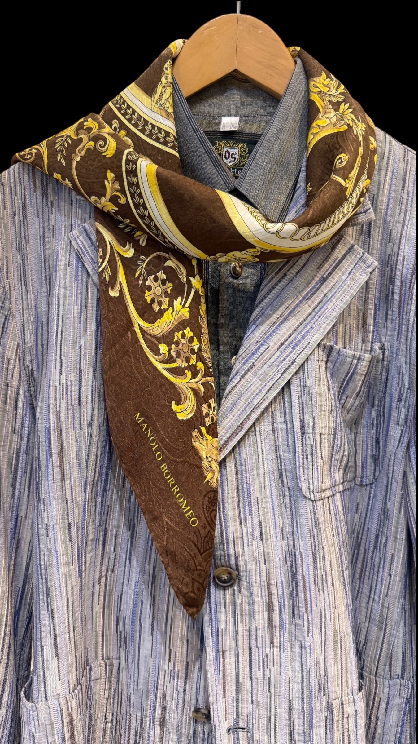 MANOLO BORROMEO vintage crepe silk jacquard scarf.