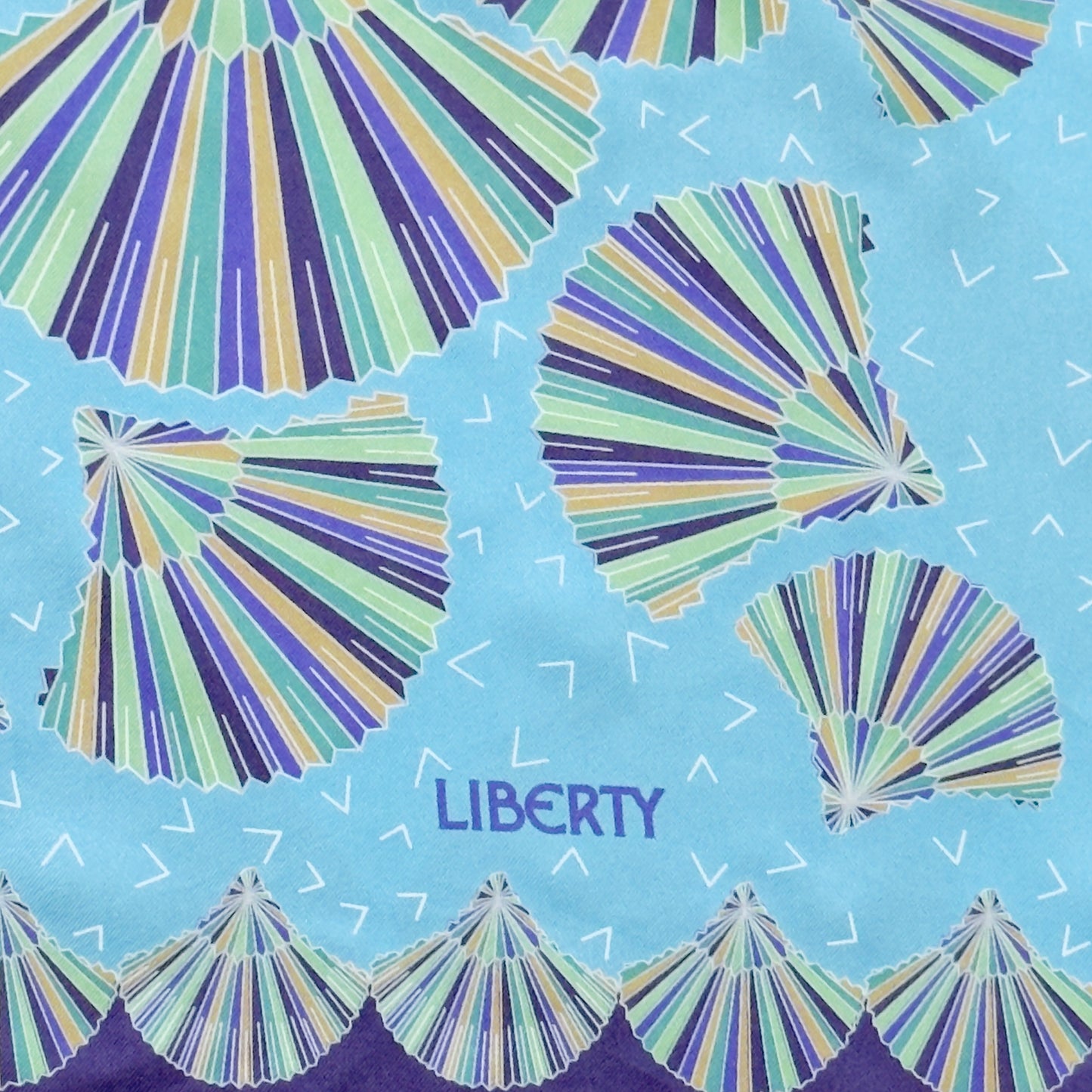 LIBERTY Vintage Sea Blue Silk Scarf. Geometric Hand Fan Design