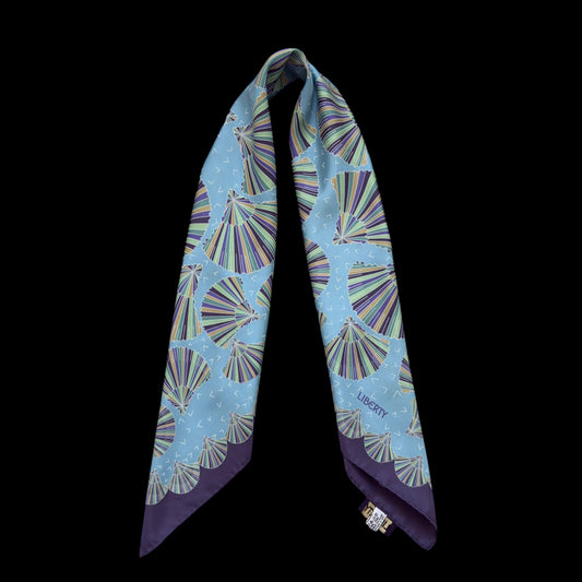 LIBERTY Vintage Sea Blue Silk Scarf. Geometric Hand Fan Design