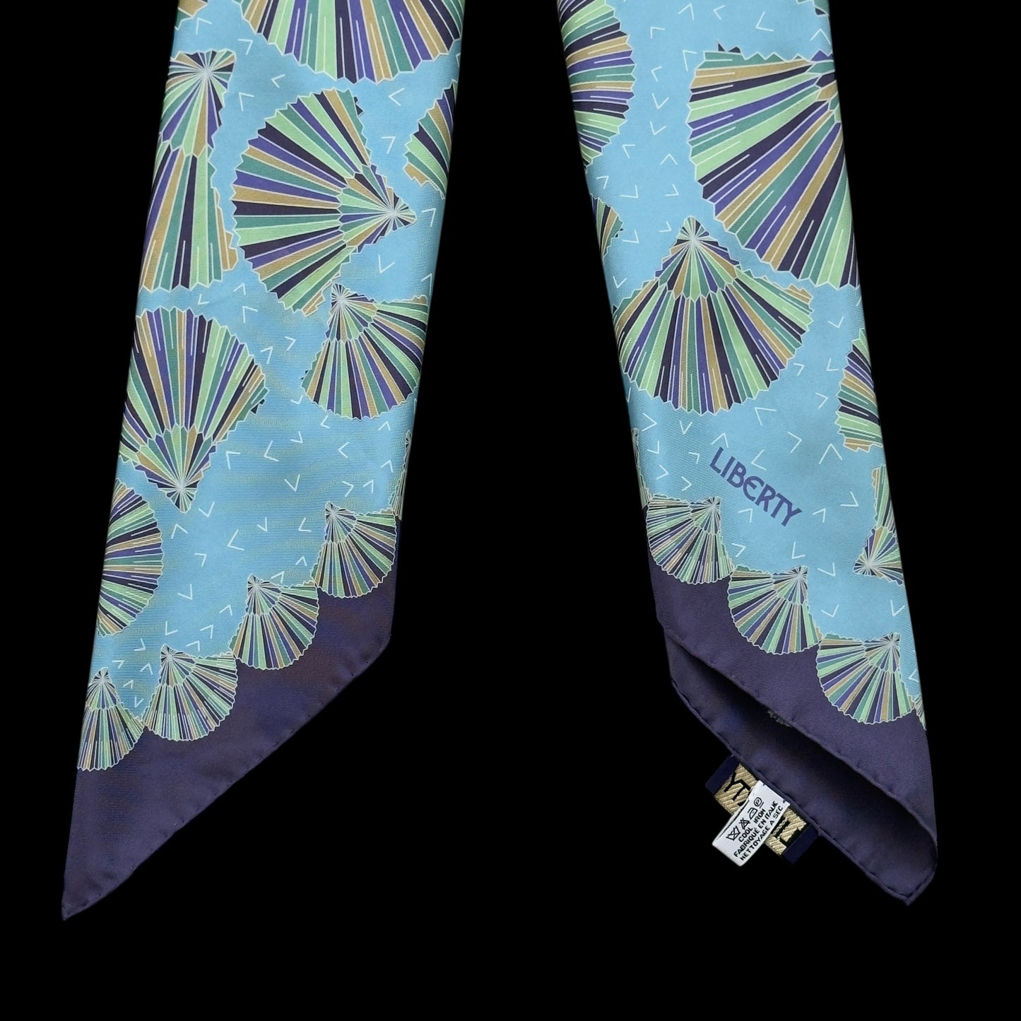 LIBERTY Vintage Sea Blue Silk Scarf. Geometric Hand Fan Design