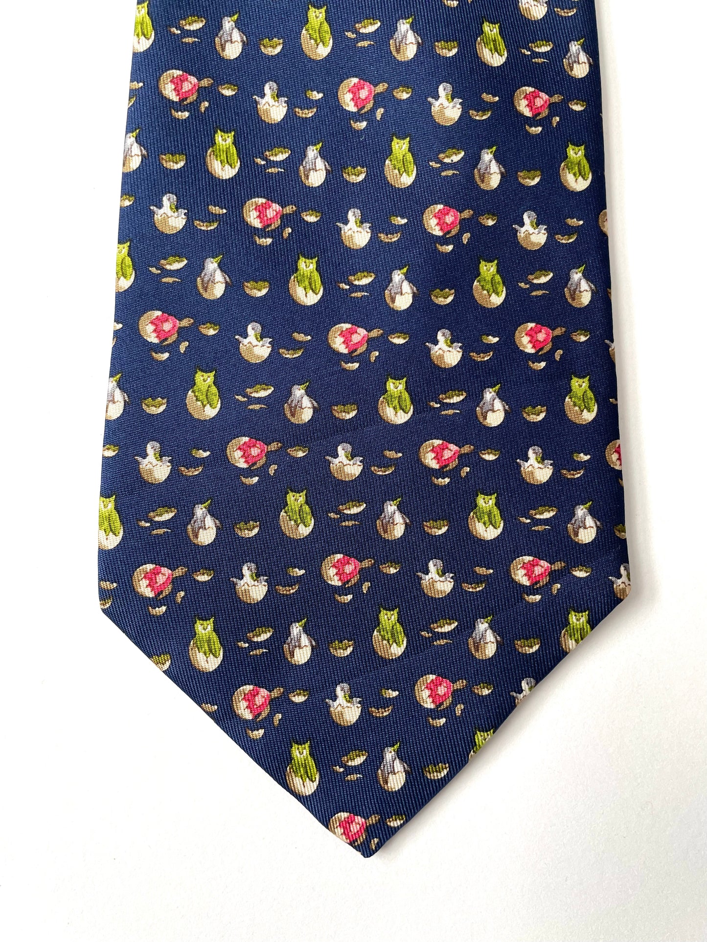 Navy-blue birds printed vintage silk tie by SALVATORE FERRAGAMO