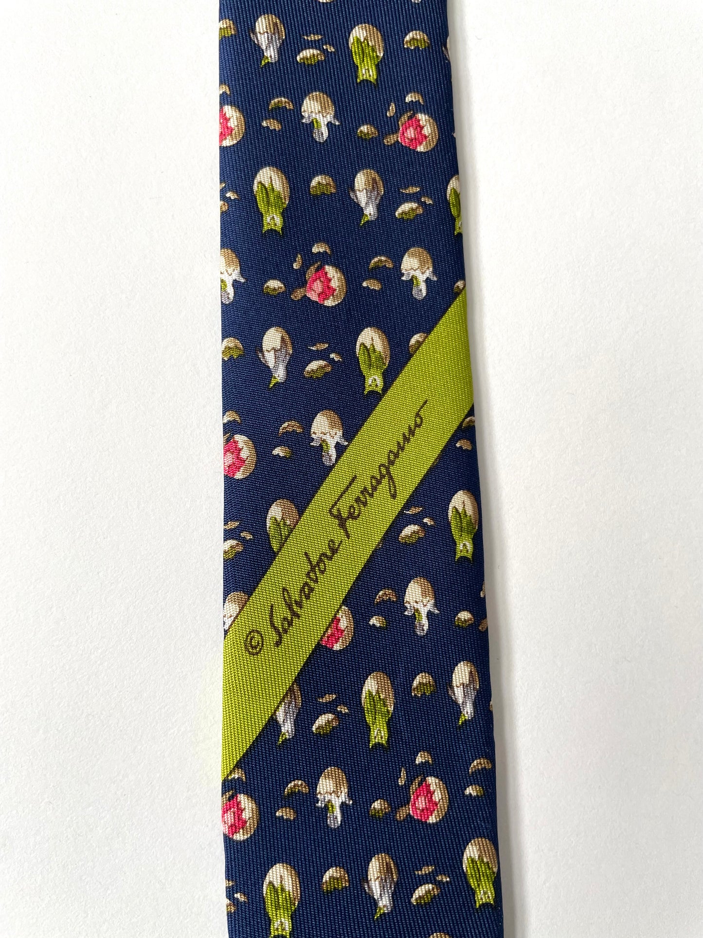 Navy-blue birds printed vintage silk tie by SALVATORE FERRAGAMO