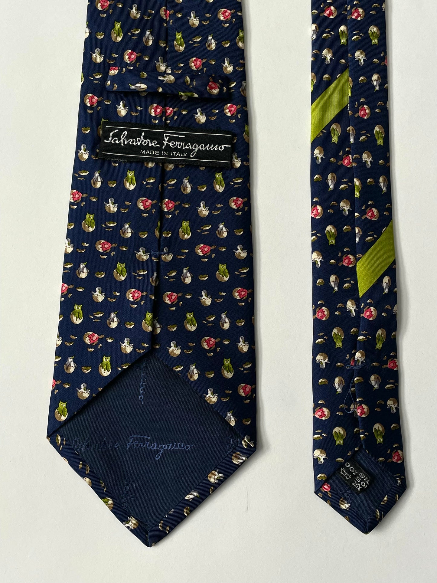 Navy-blue birds printed vintage silk tie by SALVATORE FERRAGAMO