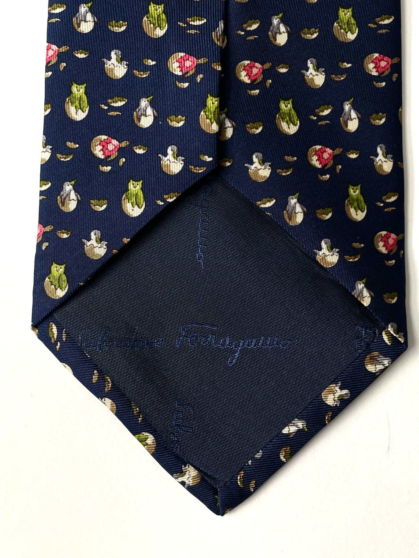 Navy-blue birds printed vintage silk tie by SALVATORE FERRAGAMO