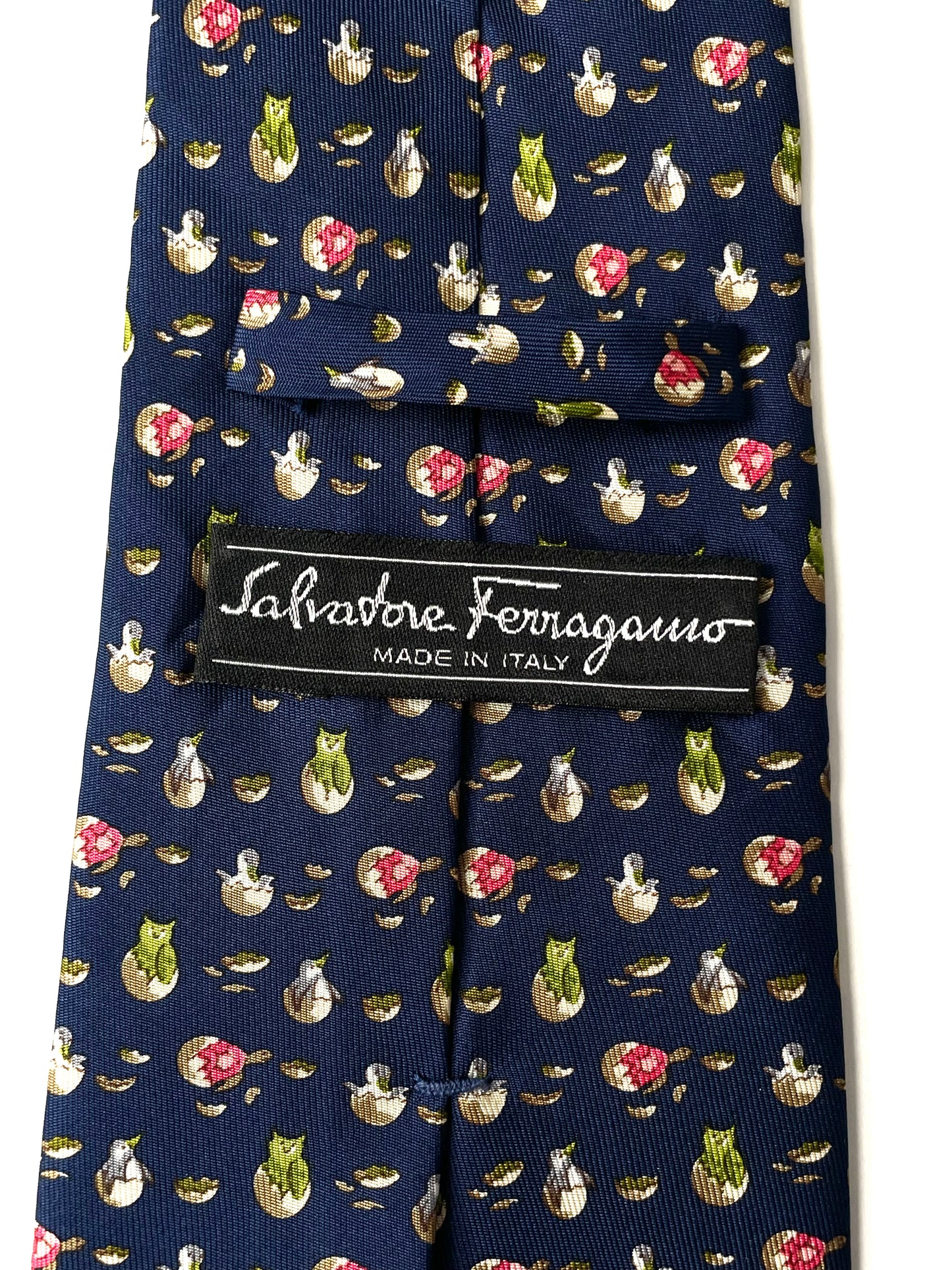 Navy-blue birds printed vintage silk tie by SALVATORE FERRAGAMO