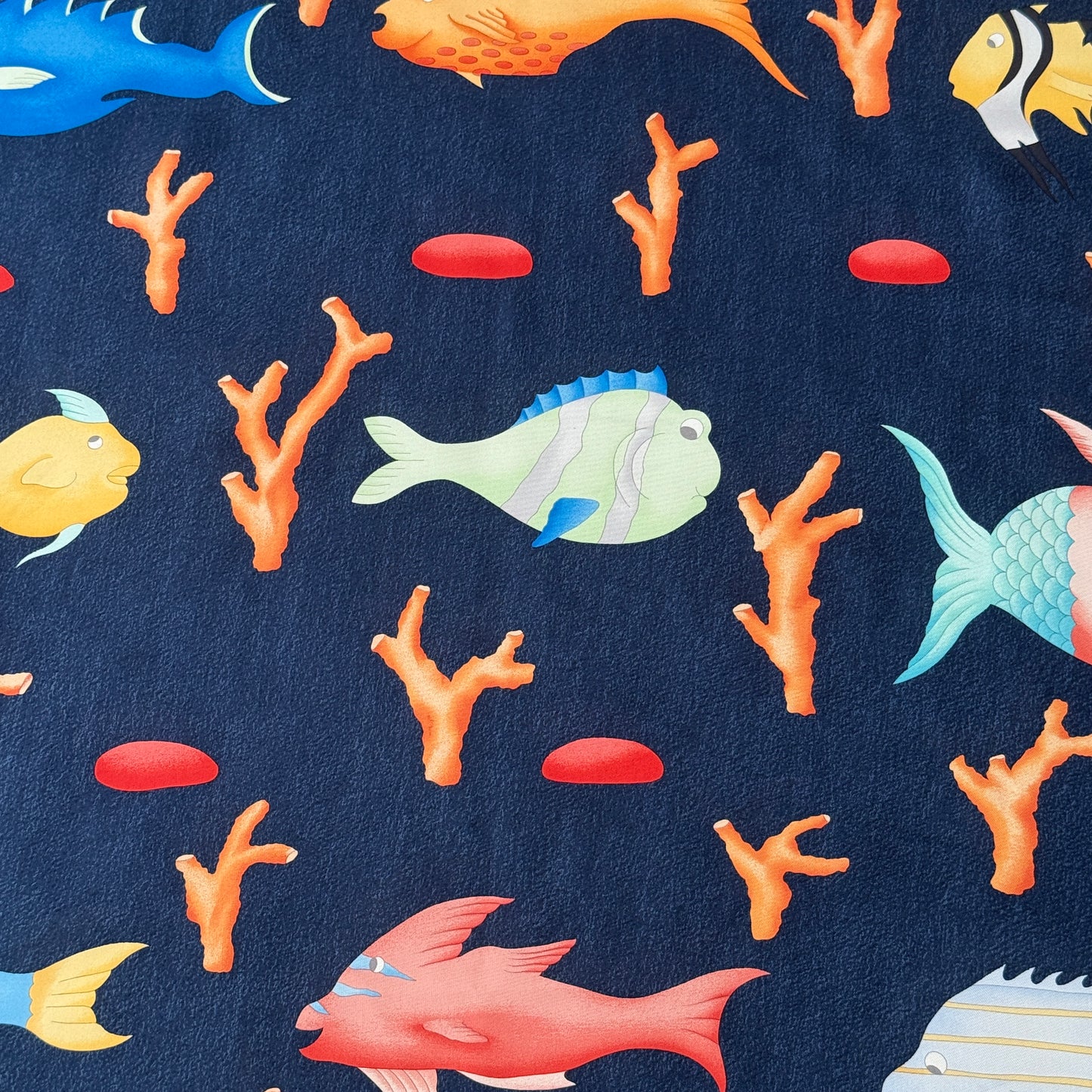 BVLGARI Vintage Navy Blue Fishes Silk Scarf. Hand rolled hem (83 cm by 84 cm) designed by Davide Pizzigoni