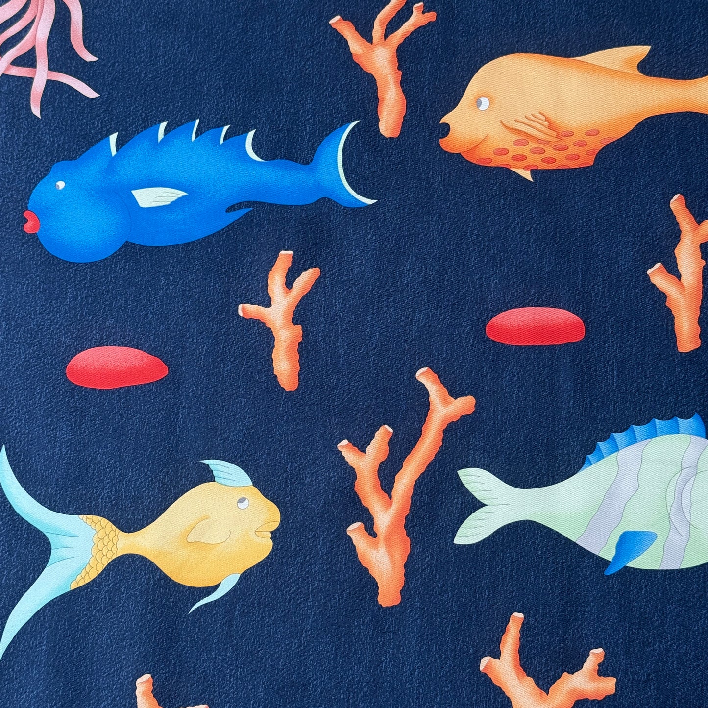 BVLGARI Vintage Navy Blue Fishes Silk Scarf. Hand rolled hem (83 cm by 84 cm) designed by Davide Pizzigoni