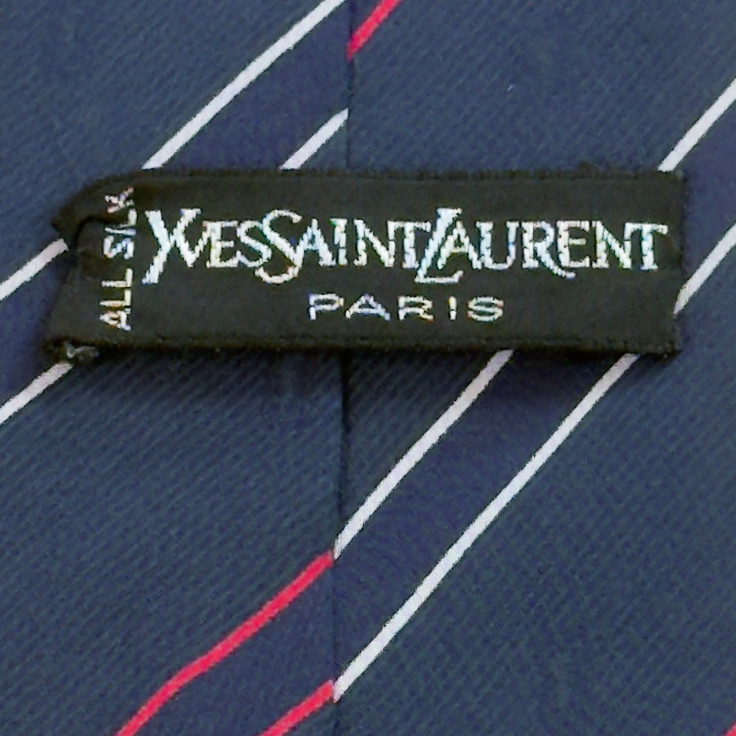 YSL Vintage Navy Blue Stripes/Logos Crepe Silk Tie (9 cm by 143.5 cm)