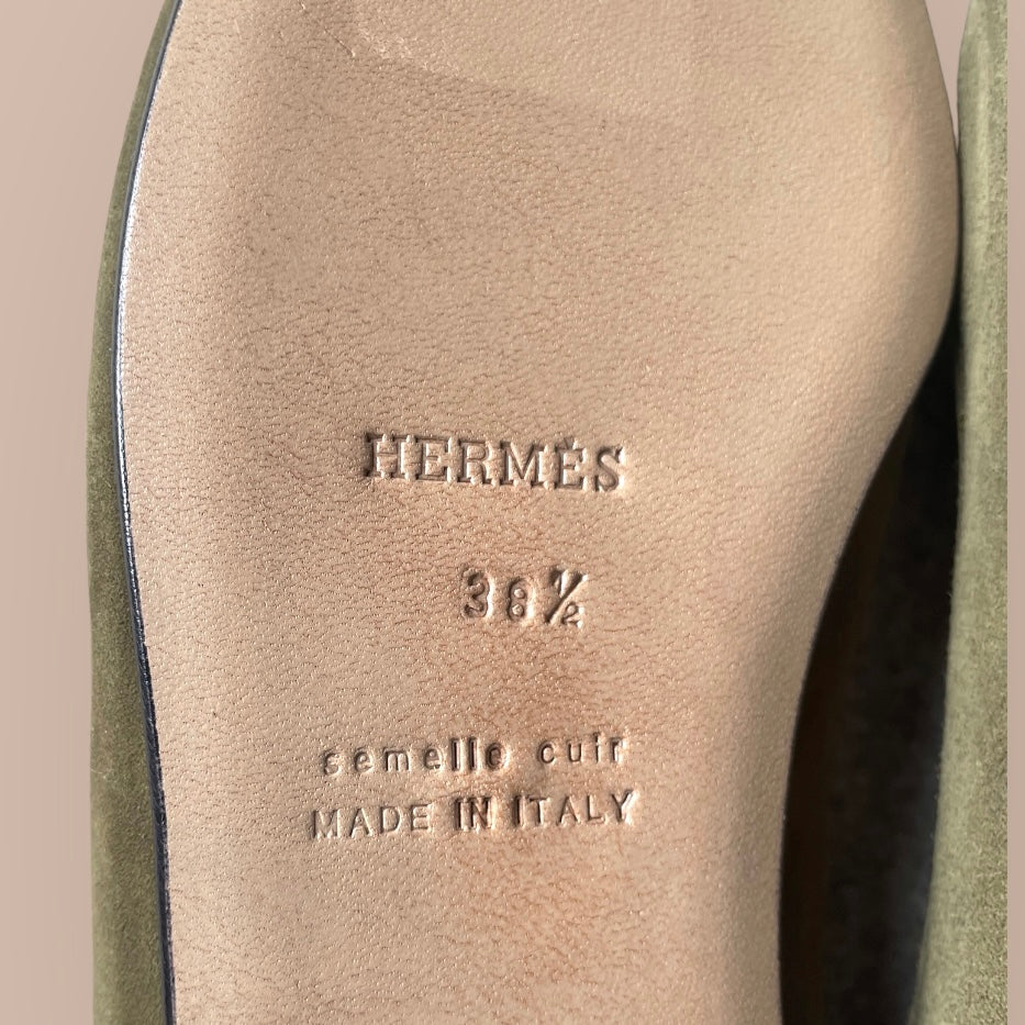 HERMES Vintage Women's Olive Green Suede Leather Embroidered Flat Shoes (Size 38.5)