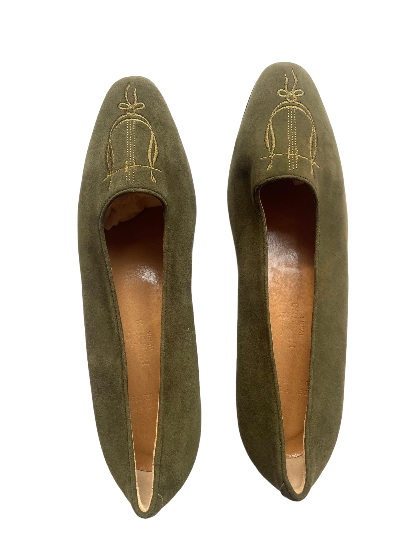 HERMES Vintage Women's Olive Green Suede Leather Embroidered Flat Shoes (Size 38.5)