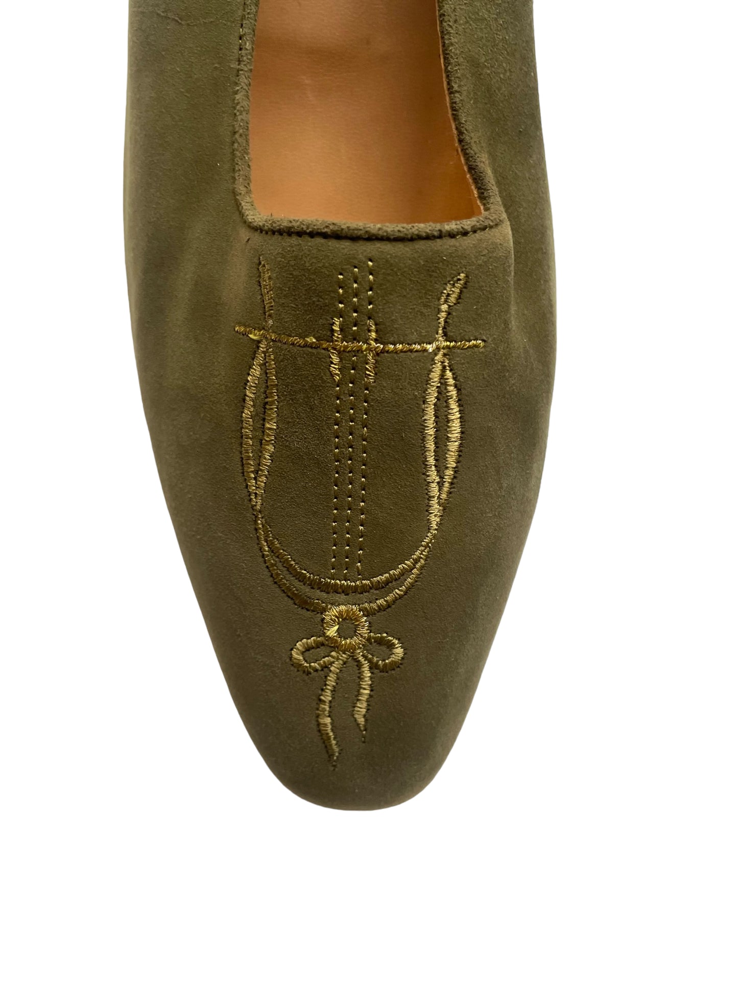 HERMES Vintage Women's Olive Green Suede Leather Embroidered Flat Shoes (Size 38.5)