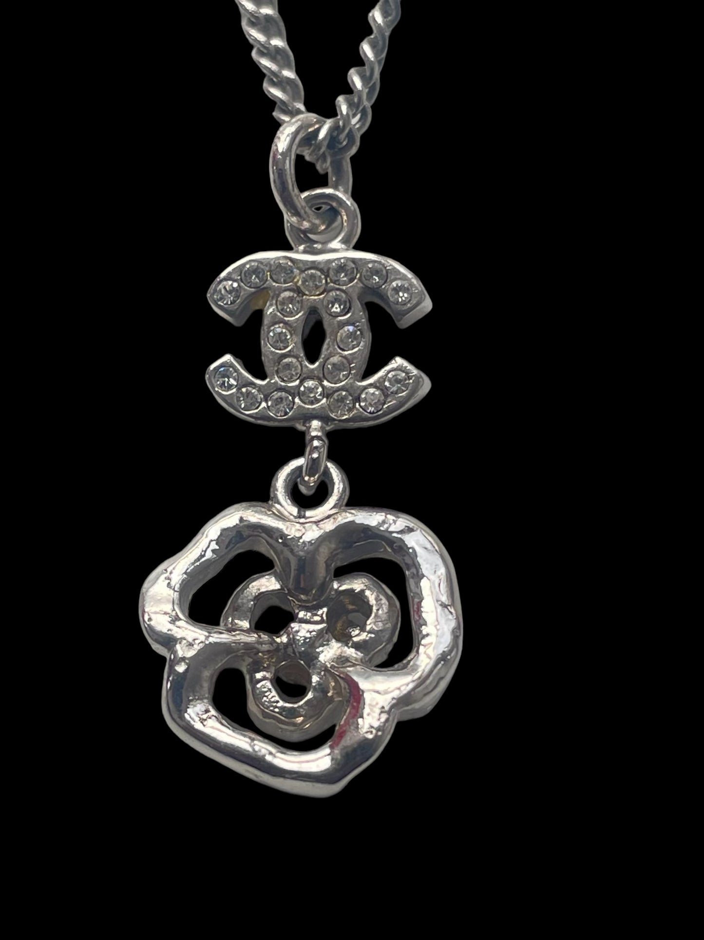 CHANEL Silver Plated Necklace (Floral & CC Logo Pendant)