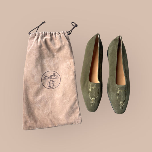 HERMES Vintage Women's Olive Green Suede Leather Embroidered Flat Shoes (Size 38.5)