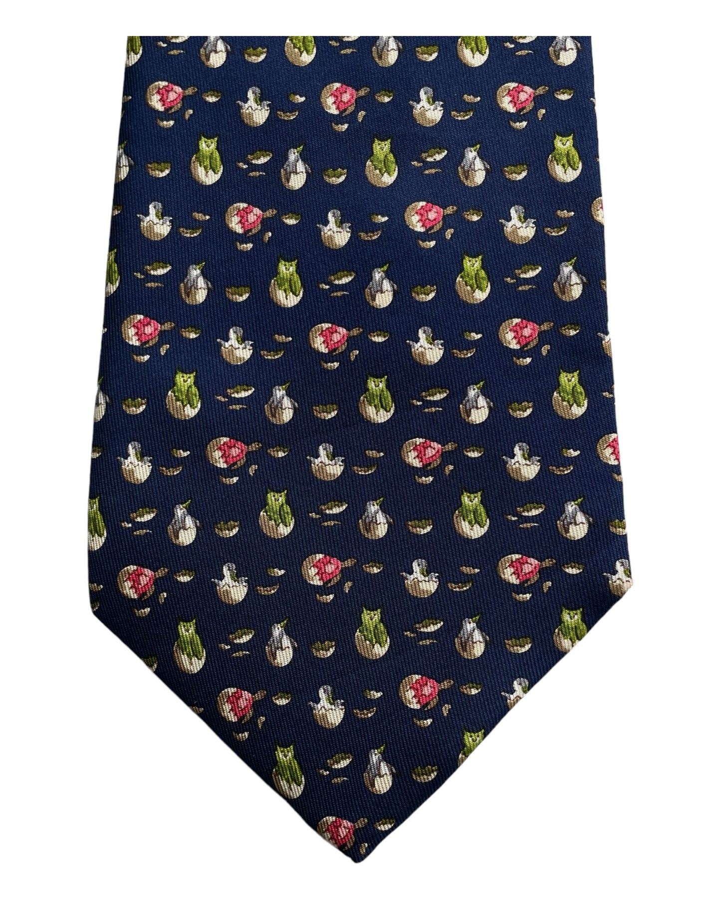 Navy-blue birds printed vintage silk tie by SALVATORE FERRAGAMO