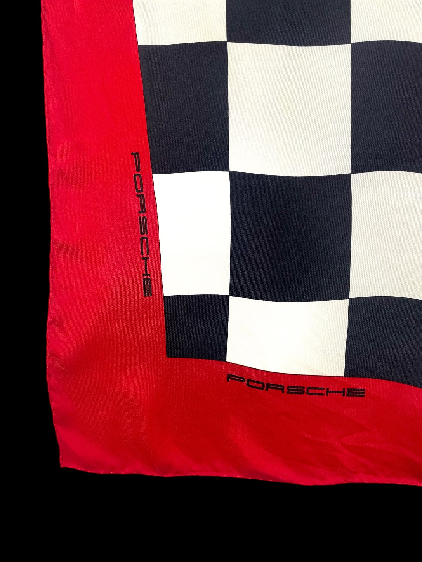 PORSCHE Vintage hand-rolled hem silk scarf  (88 cm by 86 cm) Bold Checks pattern. Hand rolled hem