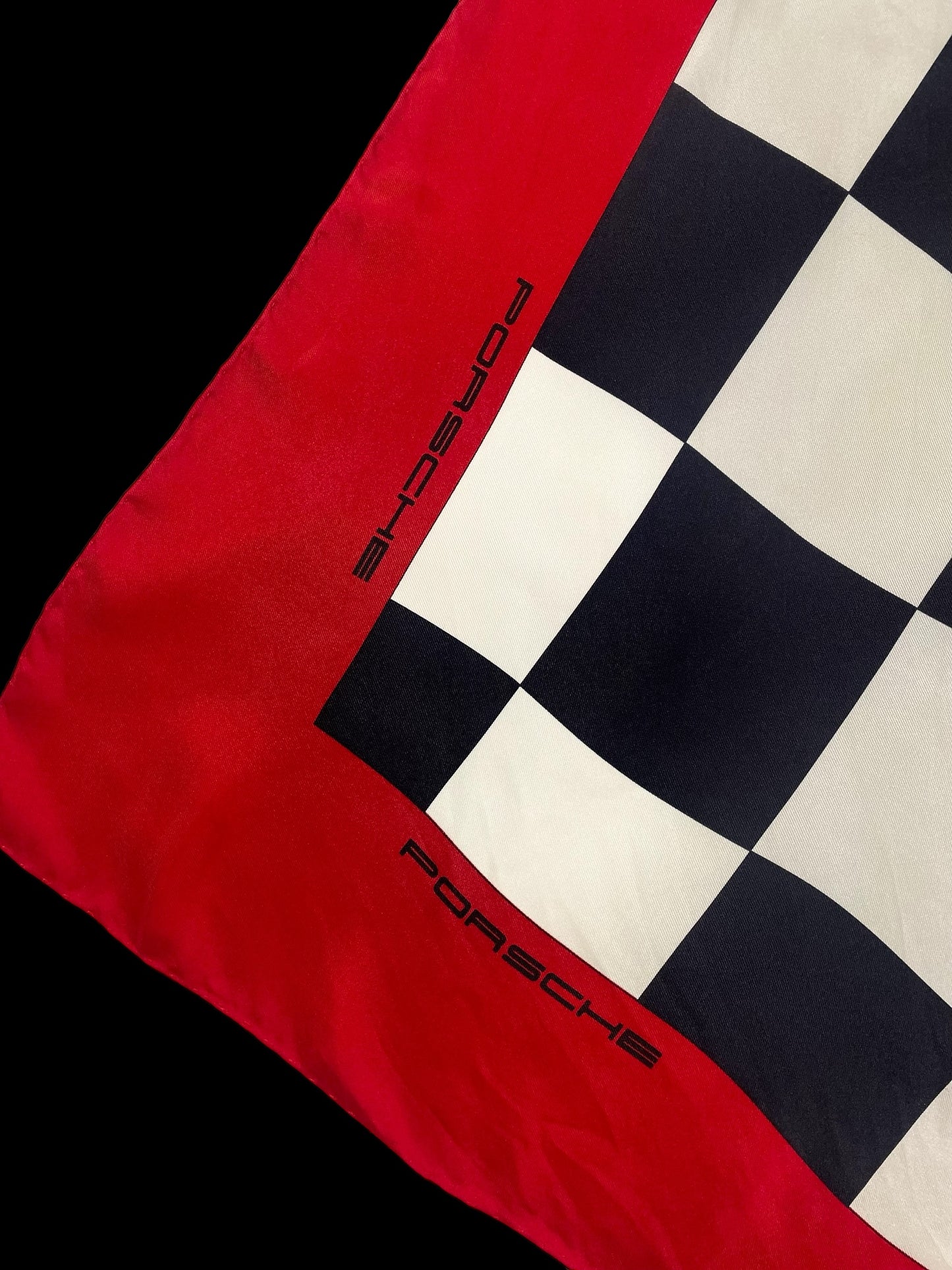 PORSCHE Vintage hand-rolled hem silk scarf  (88 cm by 86 cm) Bold Checks pattern. Hand rolled hem