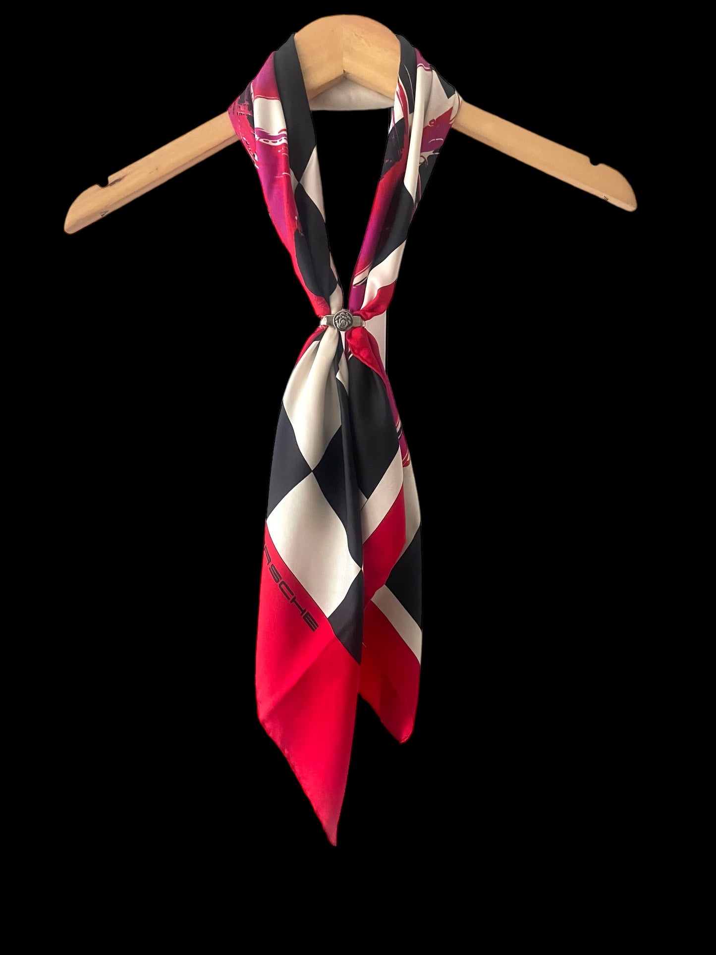 PORSCHE Vintage hand-rolled hem silk scarf  (88 cm by 86 cm) Bold Checks pattern. Hand rolled hem