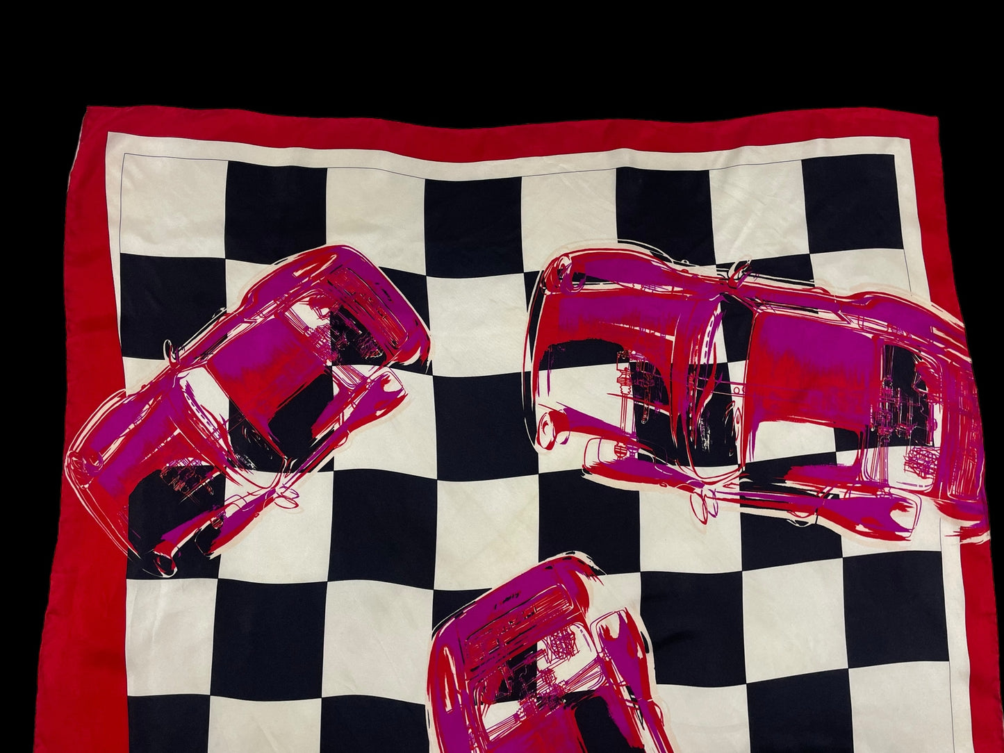 PORSCHE Vintage hand-rolled hem silk scarf  (88 cm by 86 cm) Bold Checks pattern. Hand rolled hem