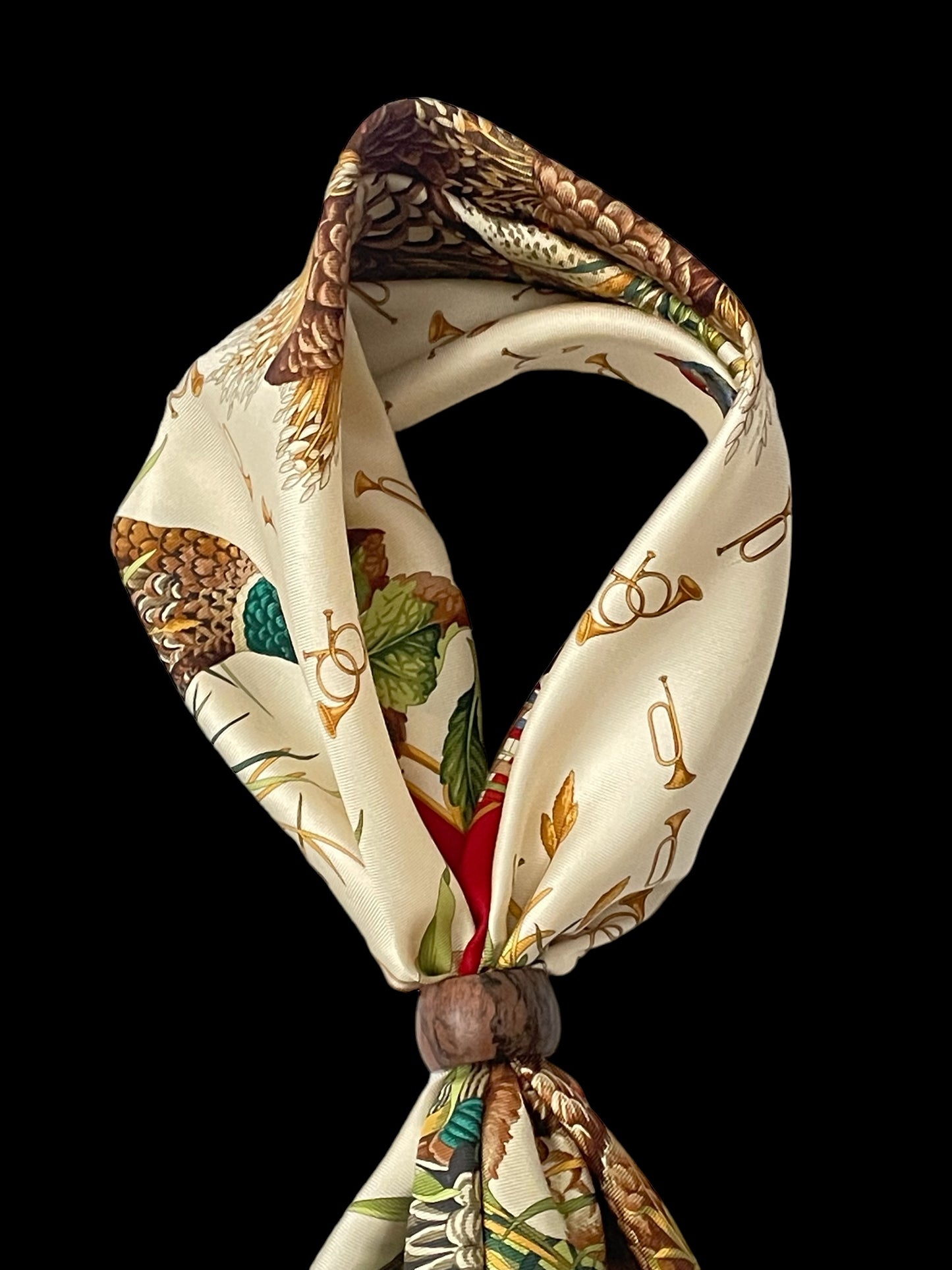 90s Vintage hand-rolled hem silk scarf by SALVATORE FERRAGAMO (88 cm by 86 cm) Birds/Trumpets pattern.