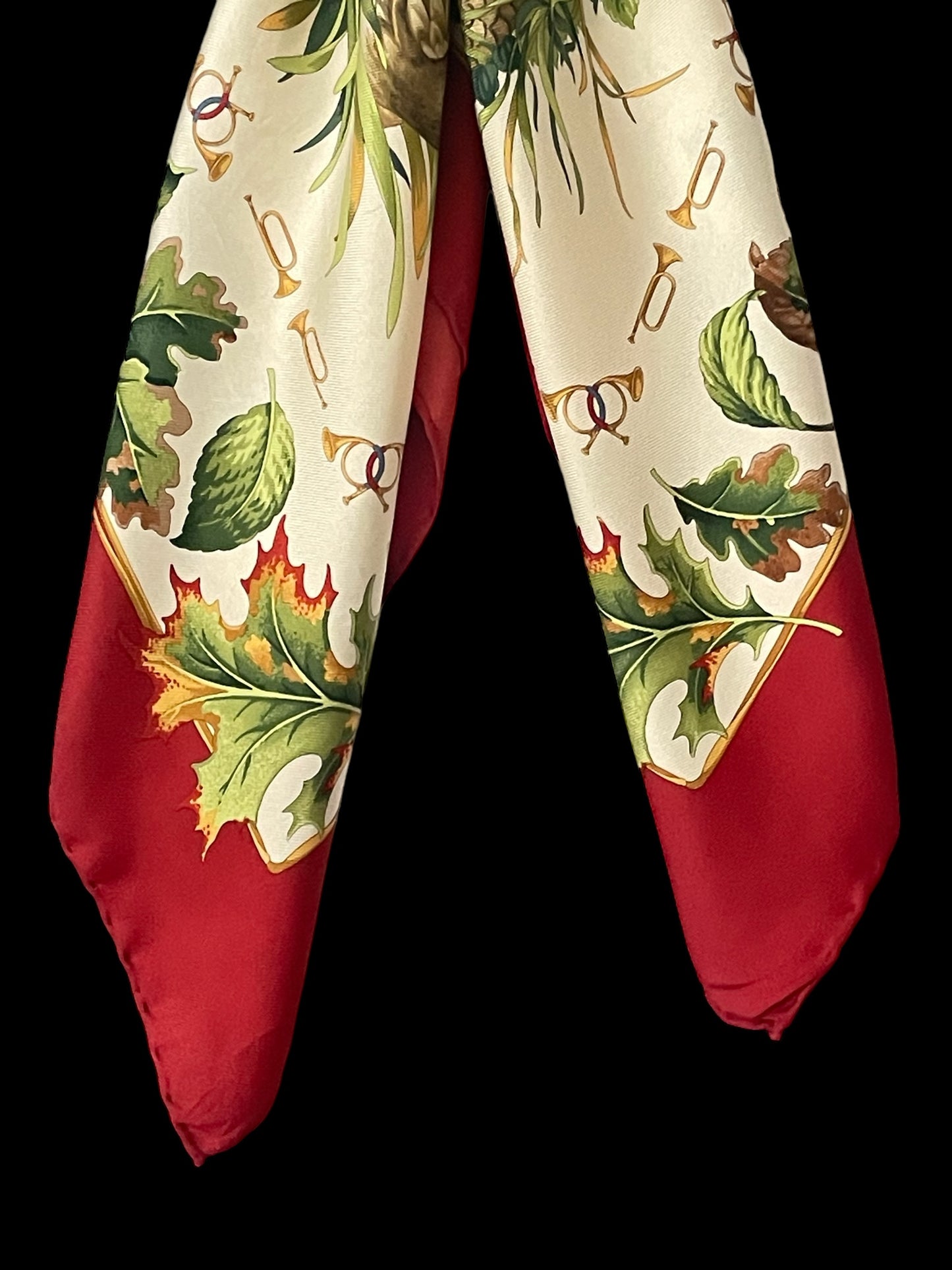 90s Vintage hand-rolled hem silk scarf by SALVATORE FERRAGAMO (88 cm by 86 cm) Birds/Trumpets pattern.