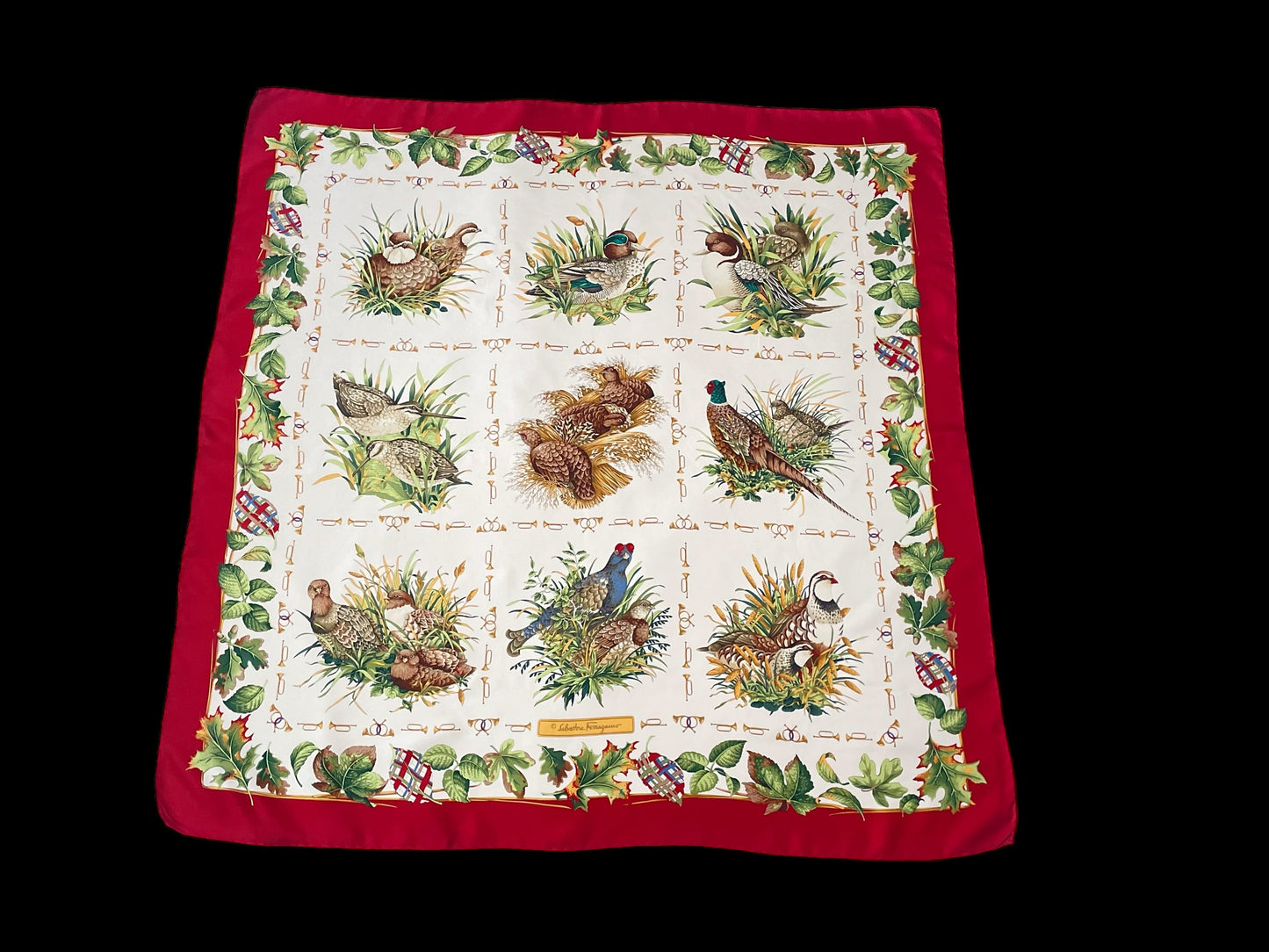 90s Vintage hand-rolled hem silk scarf by SALVATORE FERRAGAMO (88 cm by 86 cm) Birds/Trumpets pattern.