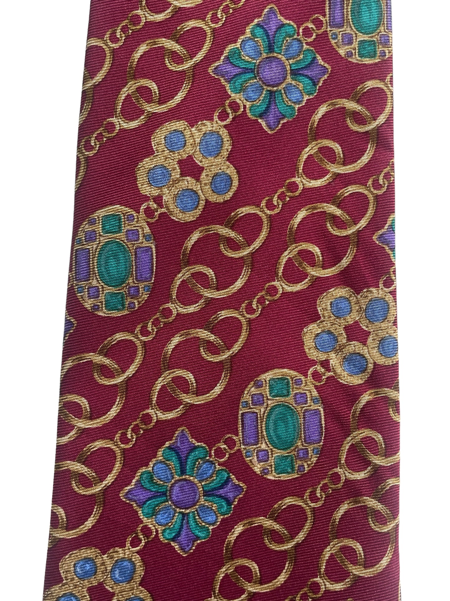 CHANEL Vintage Silk Tie (8.7 cm by 143 cm). Burgundy Jewel Printed