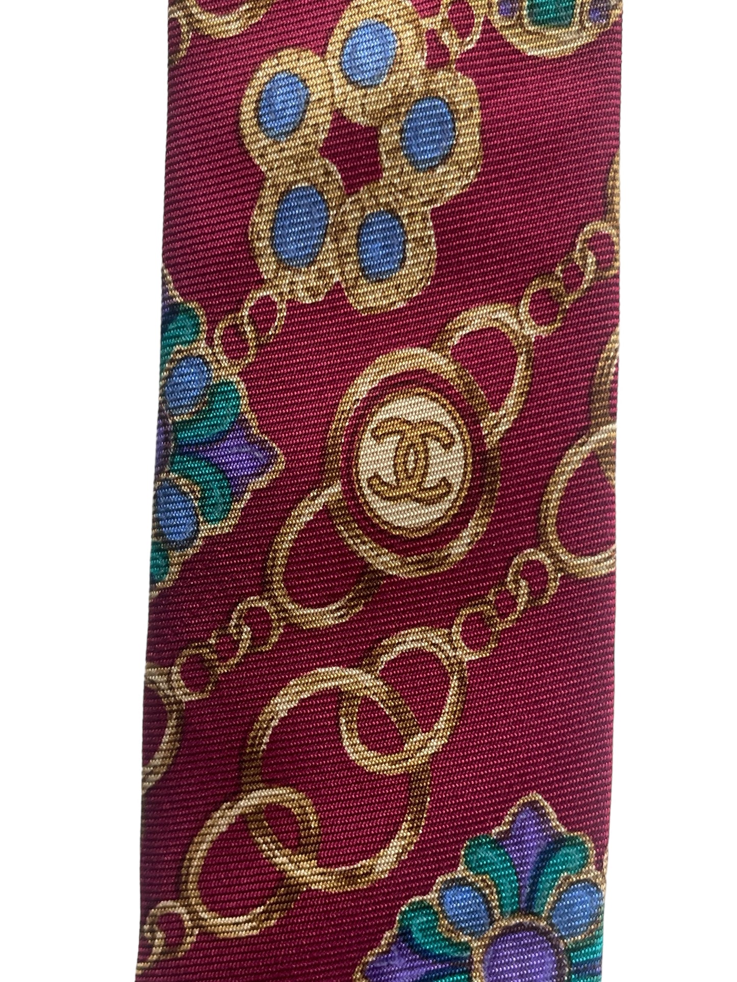 CHANEL Vintage Silk Tie (8.7 cm by 143 cm). Burgundy Jewel Printed