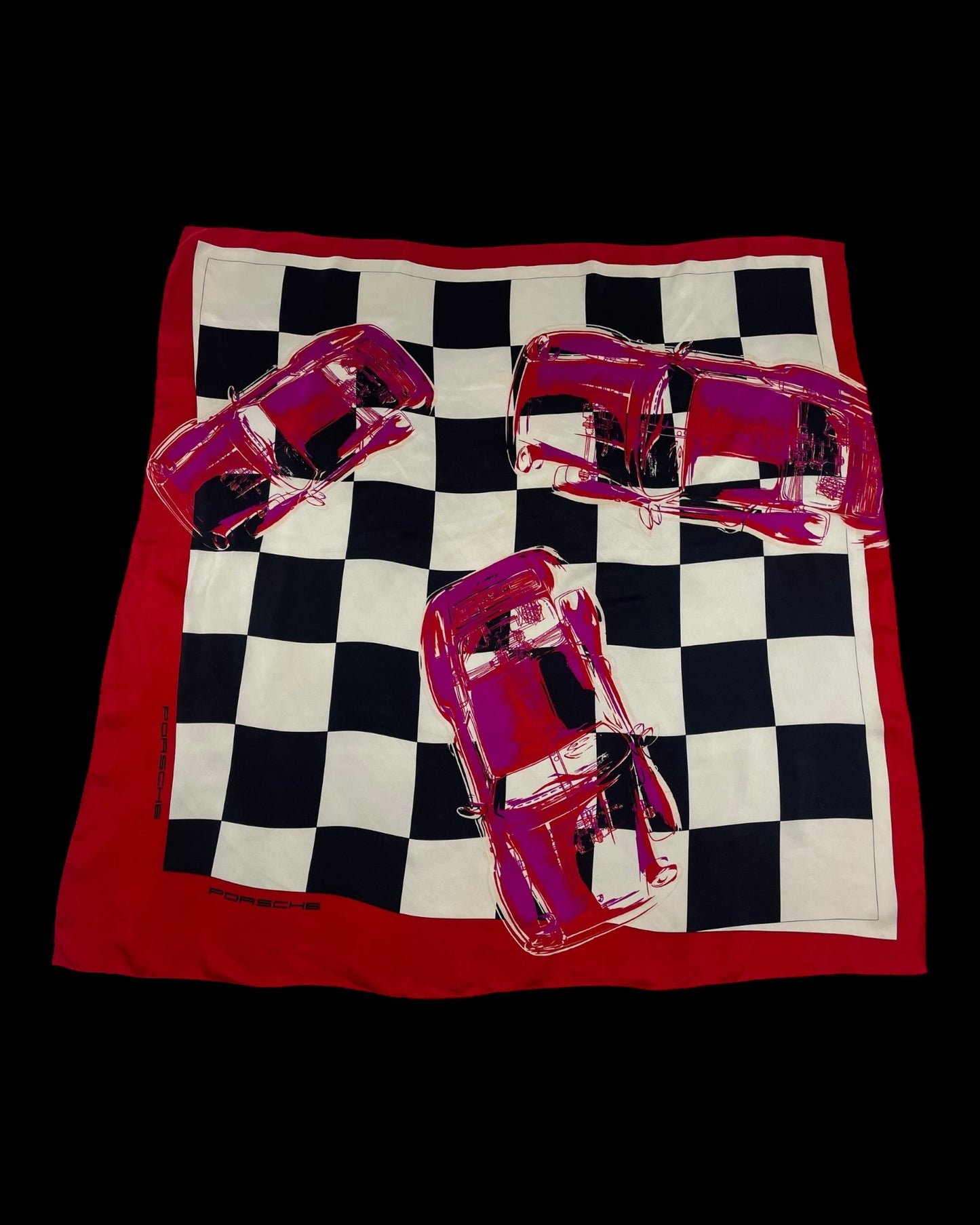 PORSCHE Vintage hand-rolled hem silk scarf  (88 cm by 86 cm) Bold Checks pattern. Hand rolled hem