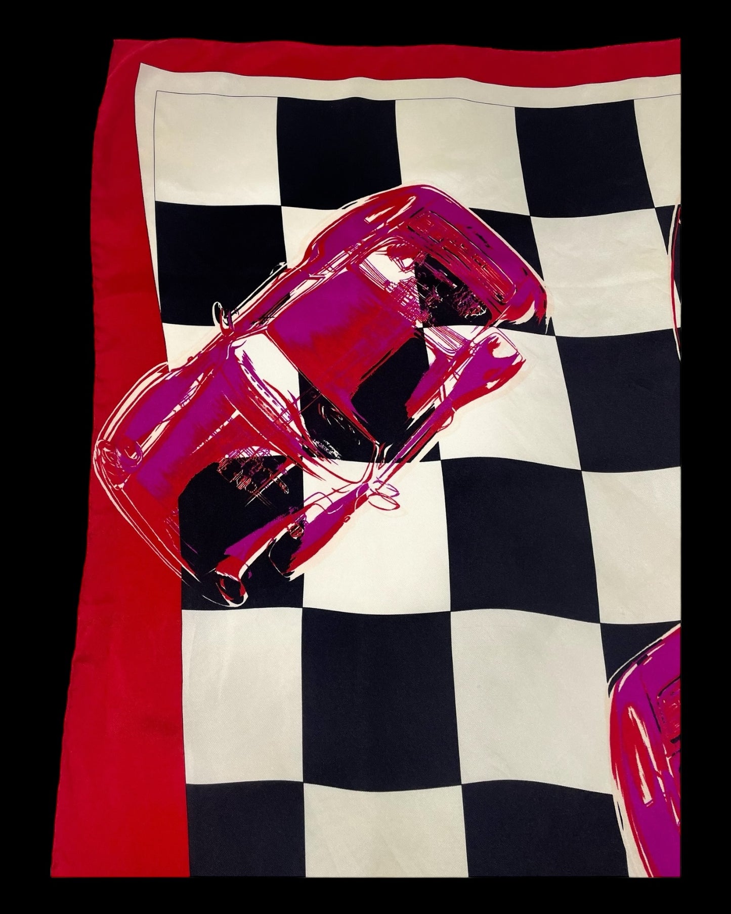 PORSCHE Vintage hand-rolled hem silk scarf  (88 cm by 86 cm) Bold Checks pattern. Hand rolled hem