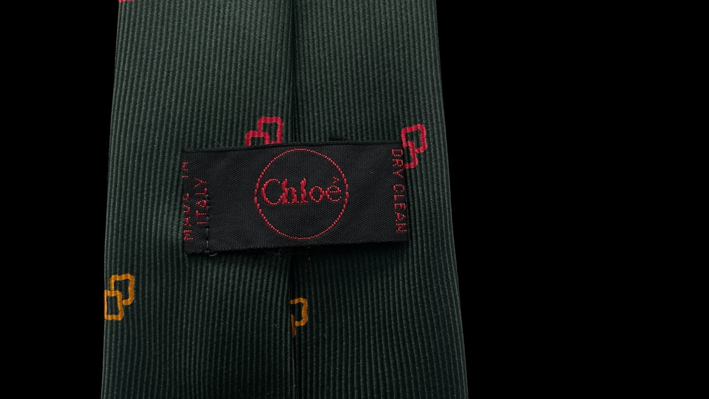 Dark Green Geometric Dots Vintage Silk Tie by CHLOE (7.2 cm by 148 cm) Medium front size.