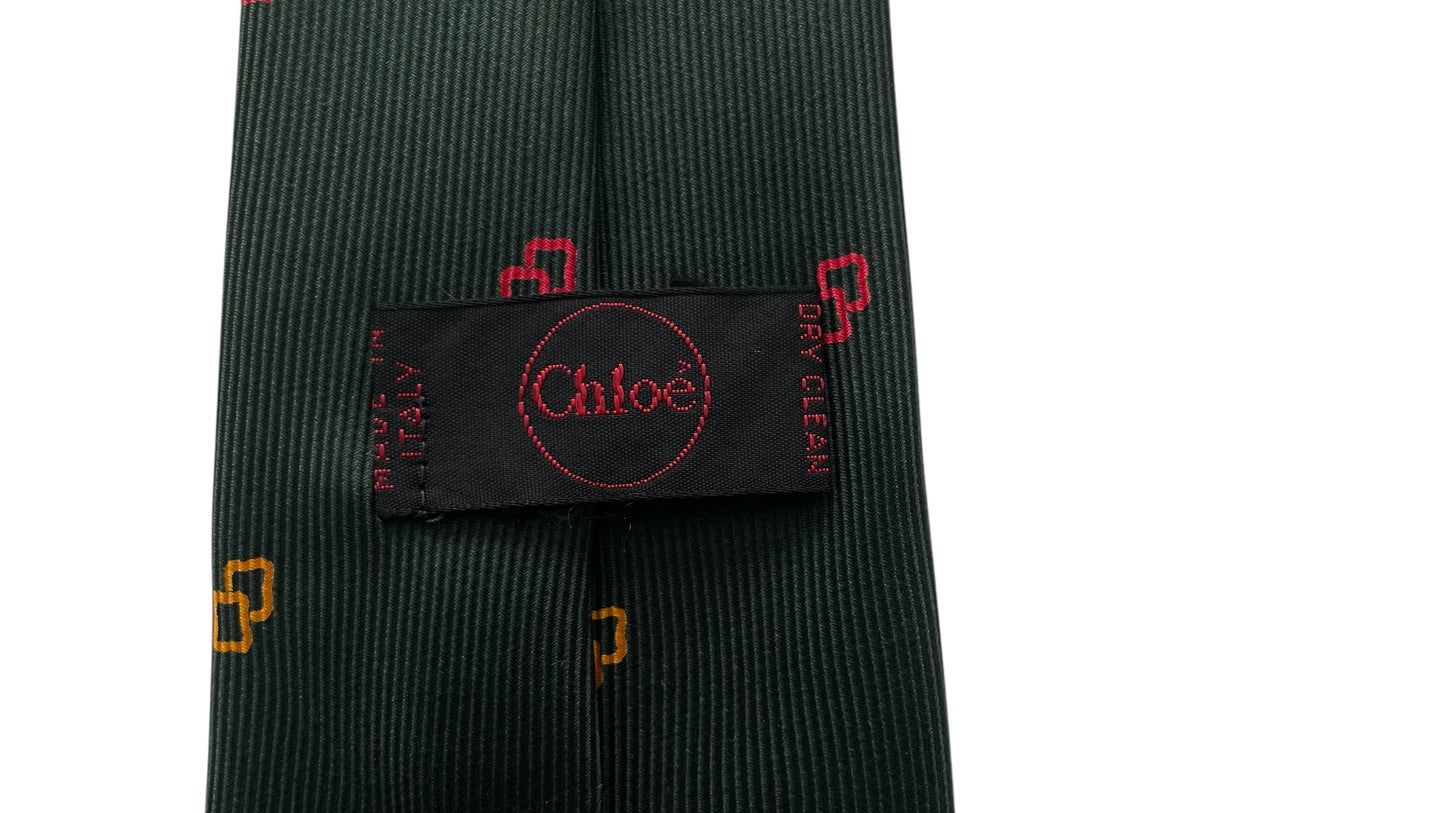 Dark Green Geometric Dots Vintage Silk Tie by CHLOE (7.2 cm by 148 cm) Medium front size.