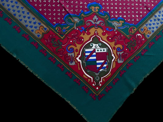 Vintage Burgundy Hallmarks/Florals Blended Wool-Silk Shawl Scarf by GUCCI (137 cm by 139 cm)