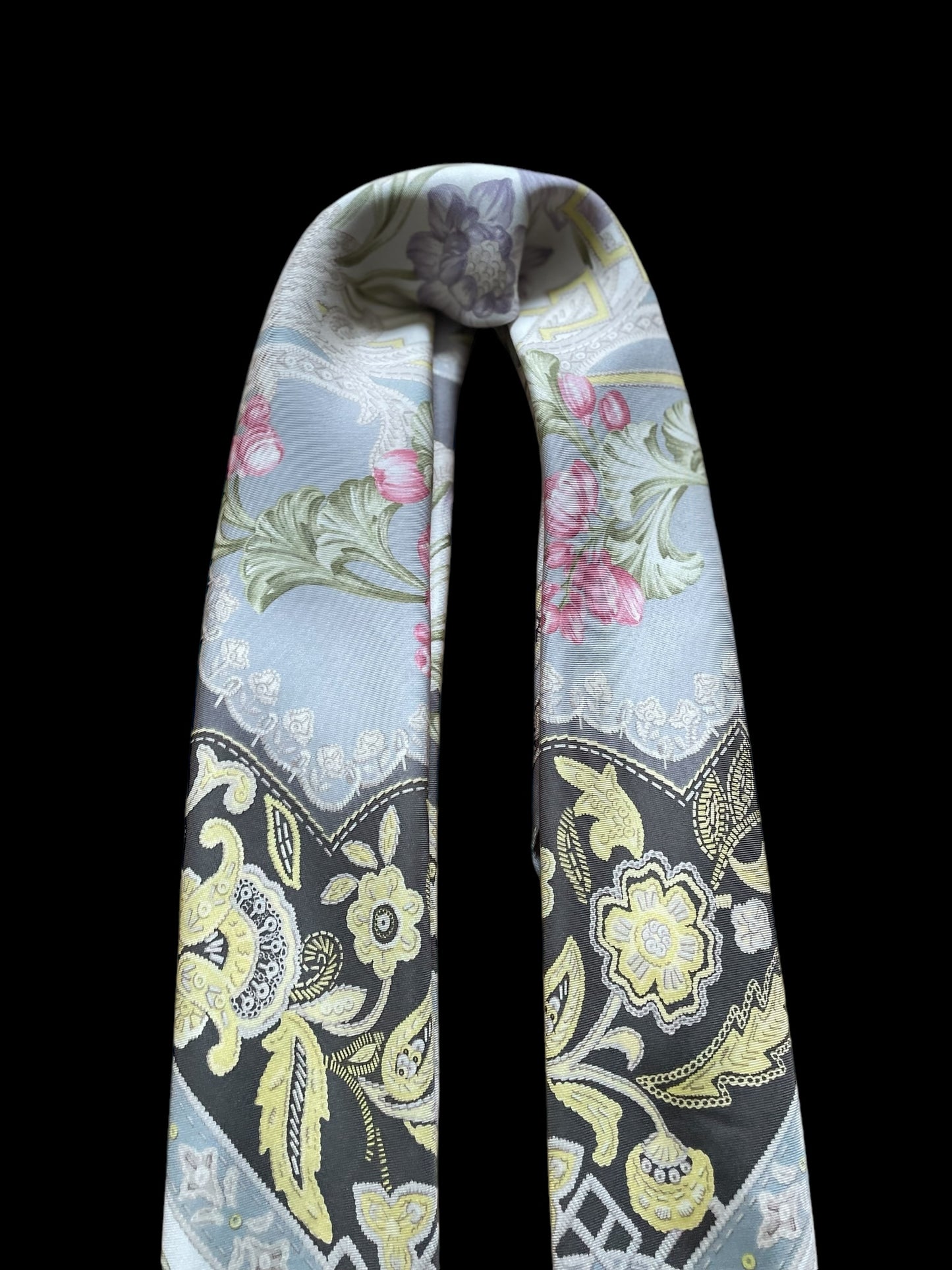 ETRO Vintage Grey Floral Silk Scarf (88 cm by 90 cm) Hand Rolled Hem.