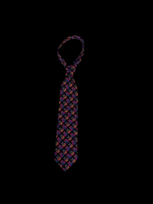Vintage Black Owls Crepe Silk Tie by MAX (Jacoby & Huben) 9.4 cm by 143.5 cm.