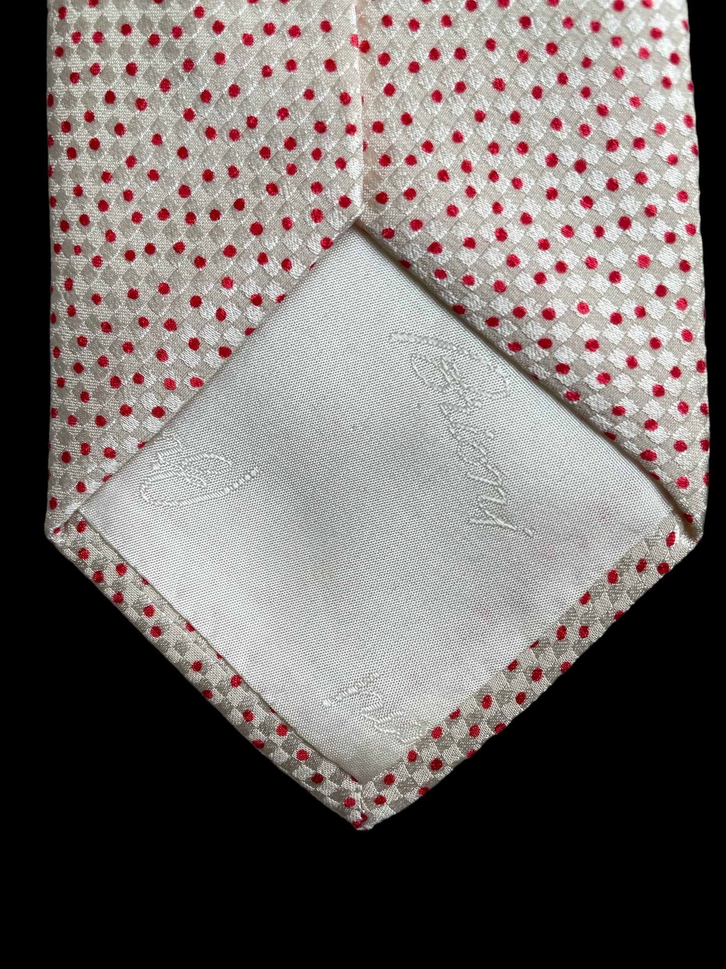 BRIONI vintage off white dots crepe silk jacquard tie (8.1 cm by 146 cm)