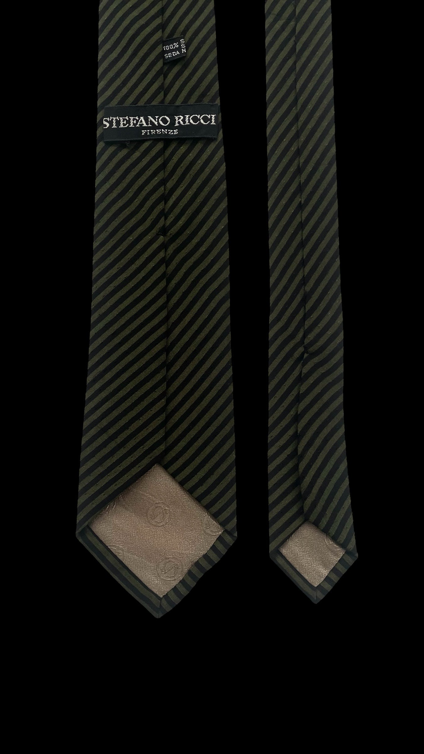 Stefano Ricci Vintage Dark Green Striped Crepe Silk Jacquard Tie (6.8 cm by 148 cm) Skinny front size.