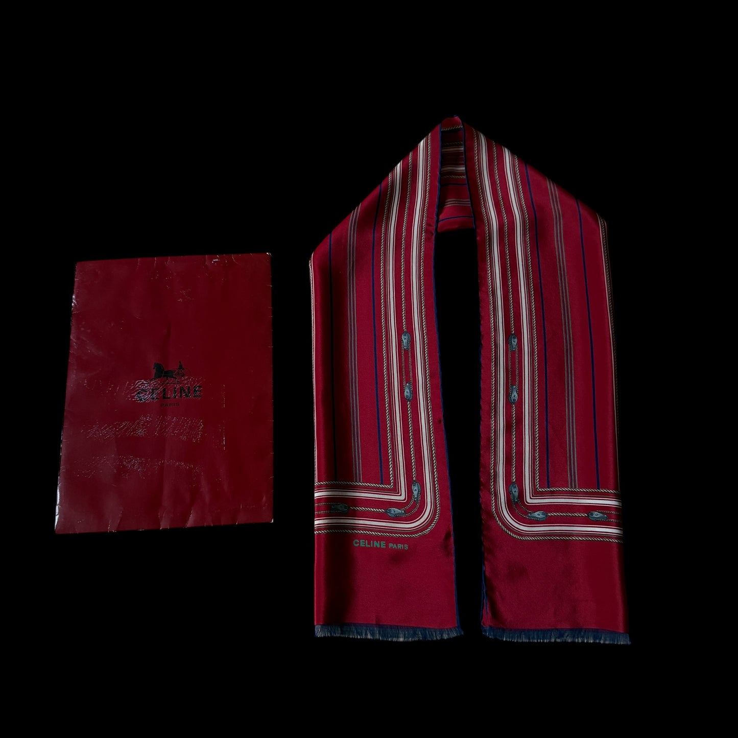 CELINE Vintage Burgundy Equestrian Long Crepe Silk Scarf (29.5 cm by 119 cm)
