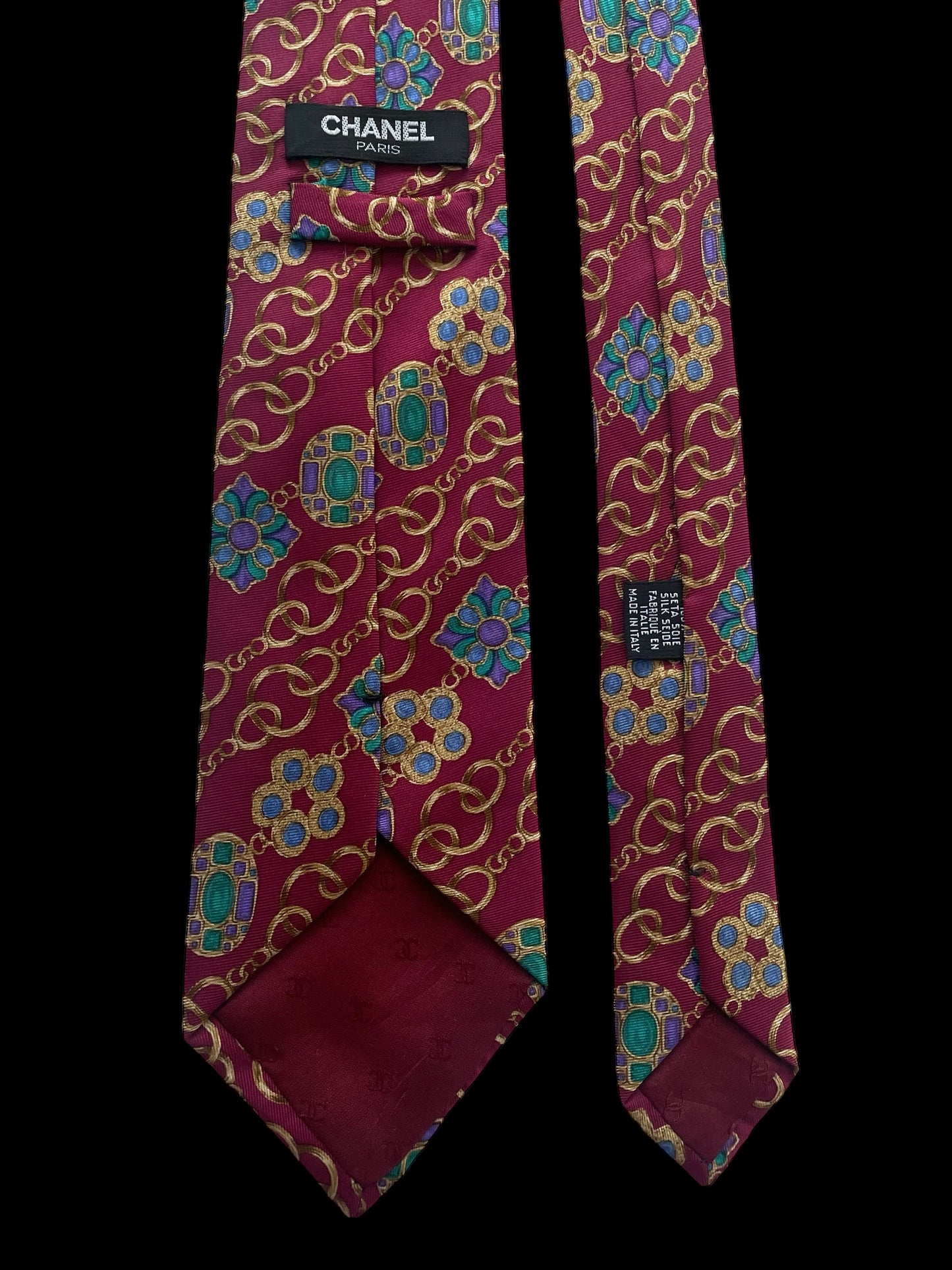 CHANEL Vintage Silk Tie (8.7 cm by 143 cm). Burgundy Jewel Printed