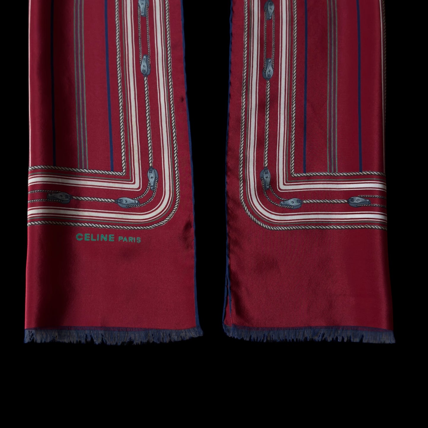 CELINE Vintage Burgundy Equestrian Long Crepe Silk Scarf (29.5 cm by 119 cm)