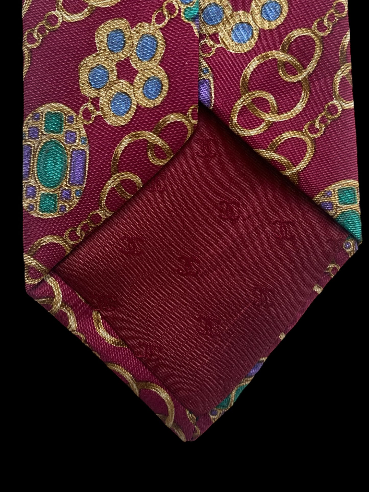 CHANEL Vintage Silk Tie (8.7 cm by 143 cm). Burgundy Jewel Printed