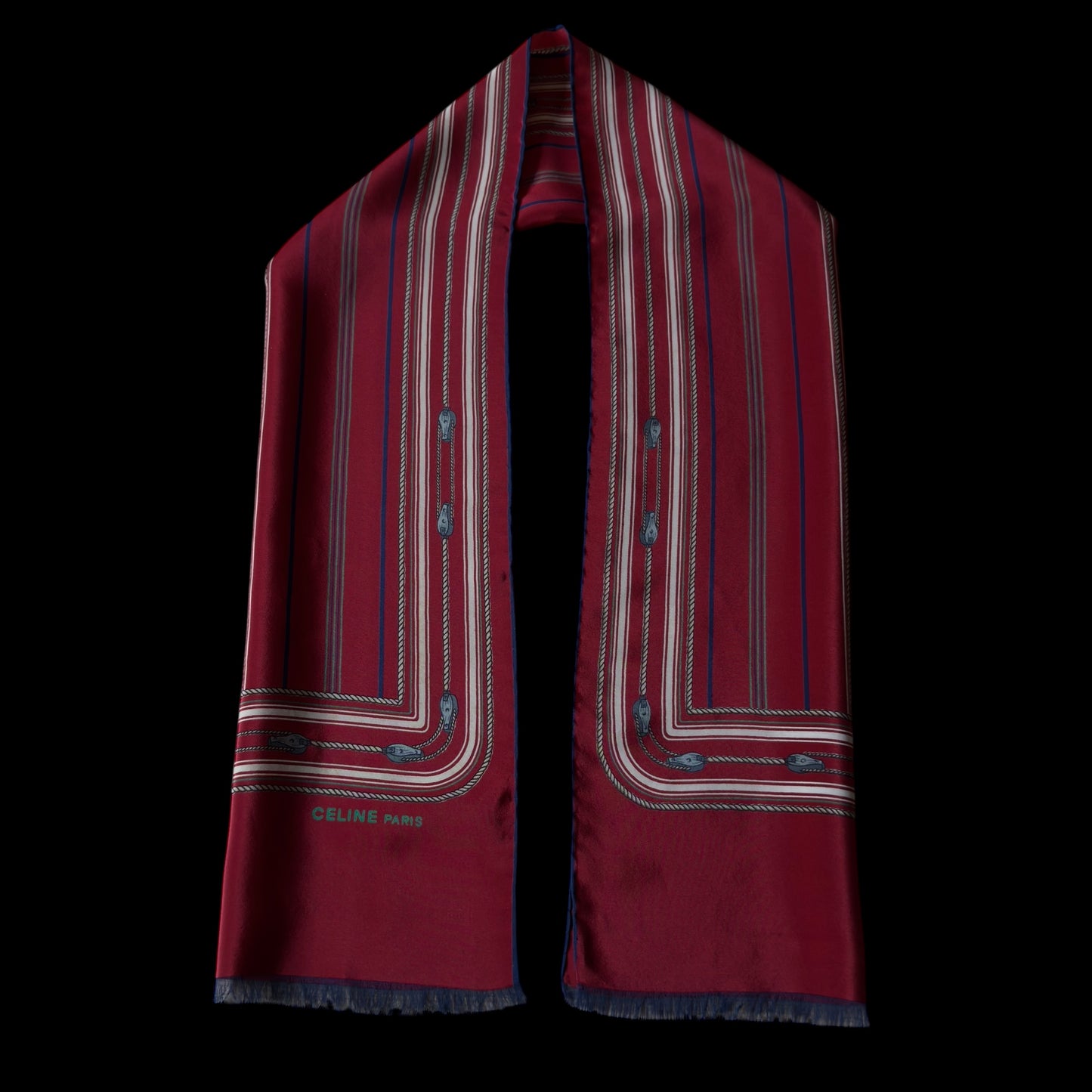 CELINE Vintage Burgundy Equestrian Long Crepe Silk Scarf (29.5 cm by 119 cm)