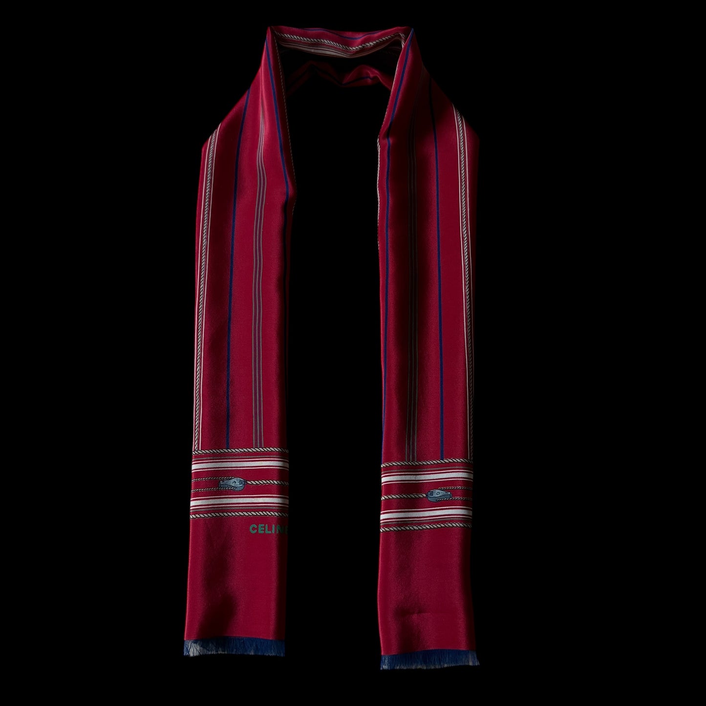 CELINE Vintage Burgundy Equestrian Long Crepe Silk Scarf (29.5 cm by 119 cm)
