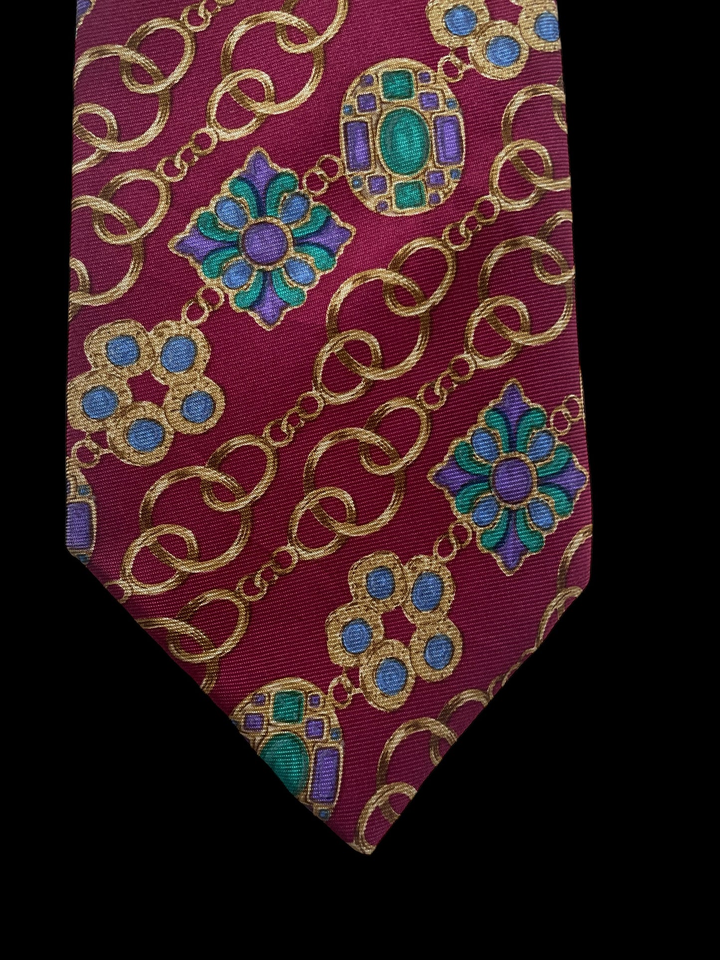 CHANEL Vintage Silk Tie (8.7 cm by 143 cm). Burgundy Jewel Printed