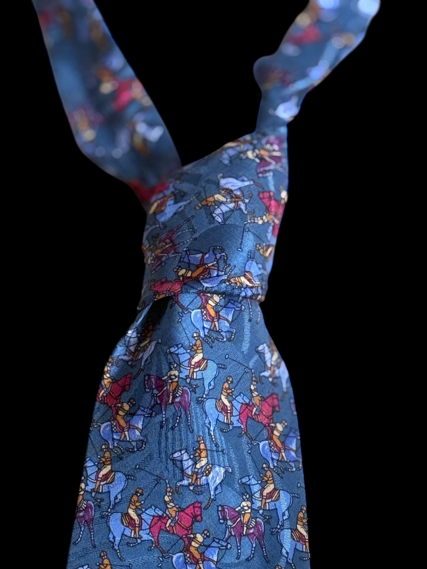 Vintage Dark Grey Polo Playing Crepe Silk Jacquard Tie By VALENTINO PUCCINI (9.3 cm by 142.5 cm)