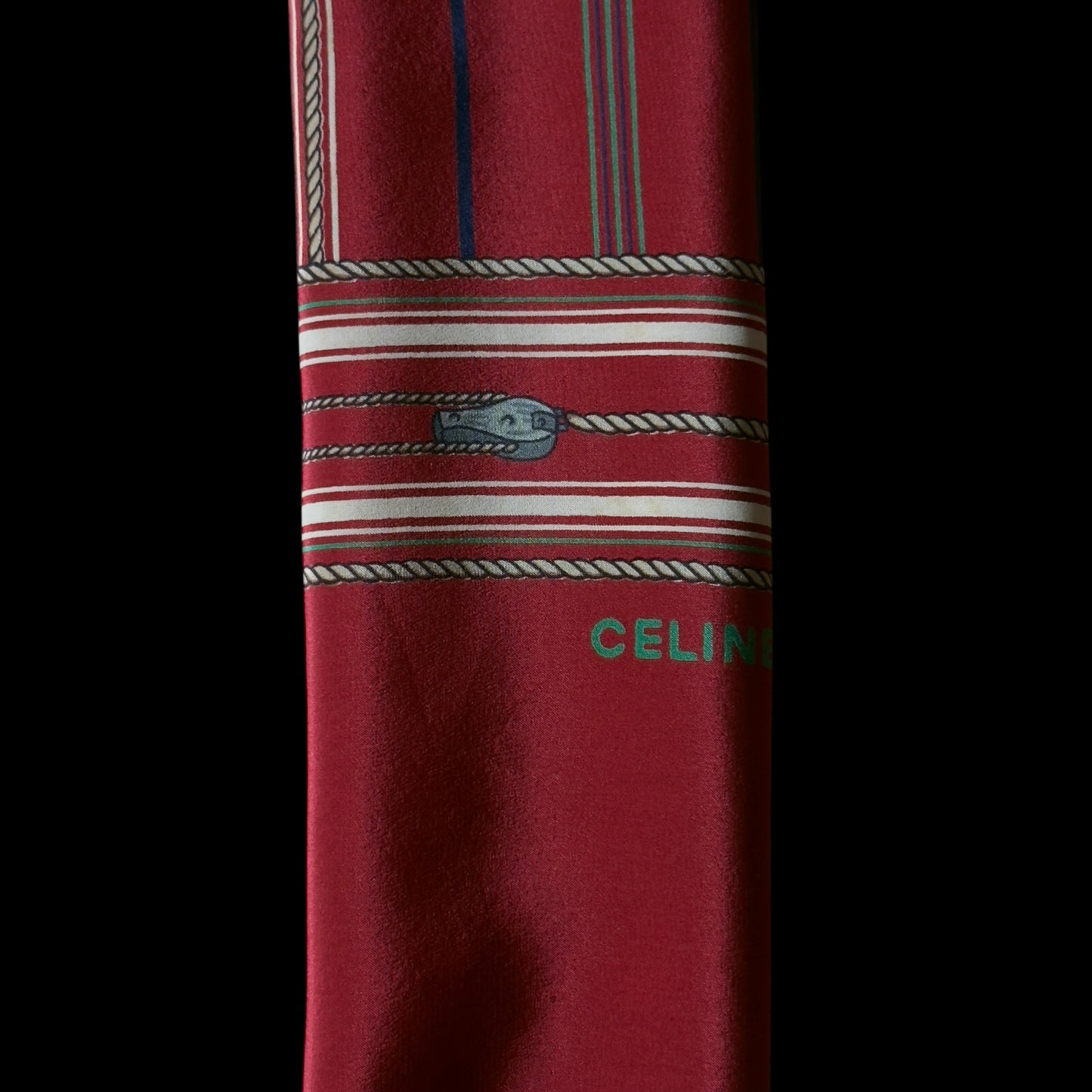 CELINE Vintage Burgundy Equestrian Long Crepe Silk Scarf (29.5 cm by 119 cm)