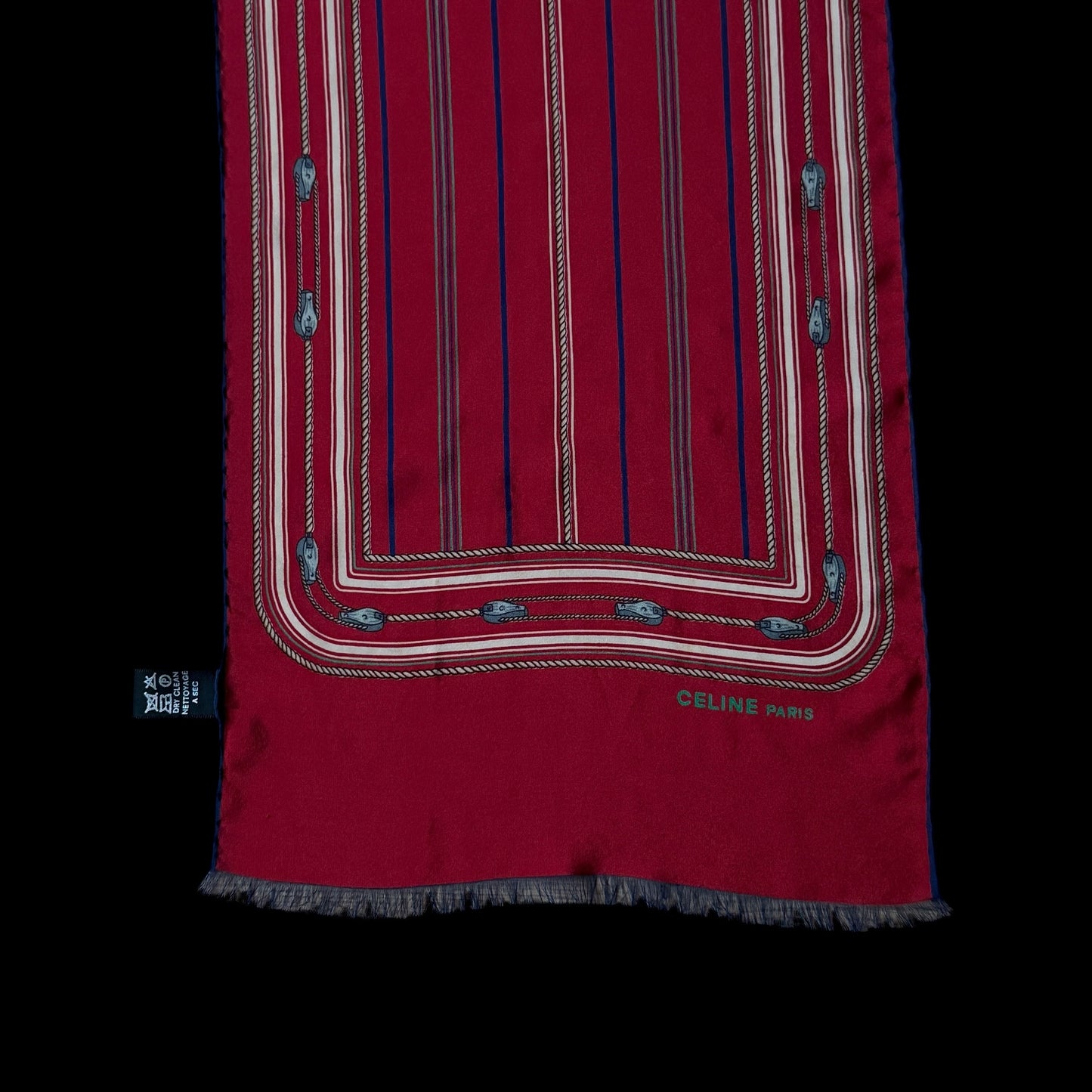 CELINE Vintage Burgundy Equestrian Long Crepe Silk Scarf (29.5 cm by 119 cm)