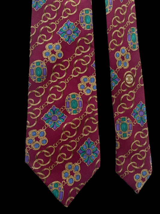 CHANEL Vintage Silk Tie (8.7 cm by 143 cm). Burgundy Jewel Printed